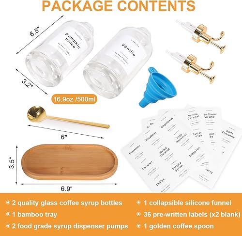 Miniatura 2 de Dispensador de jarabe de café para barra de café, dispensador de jarabe de vidrio de 16.9 onzas, 16.9 fl oz con cuchara de café dorada, dispensador
