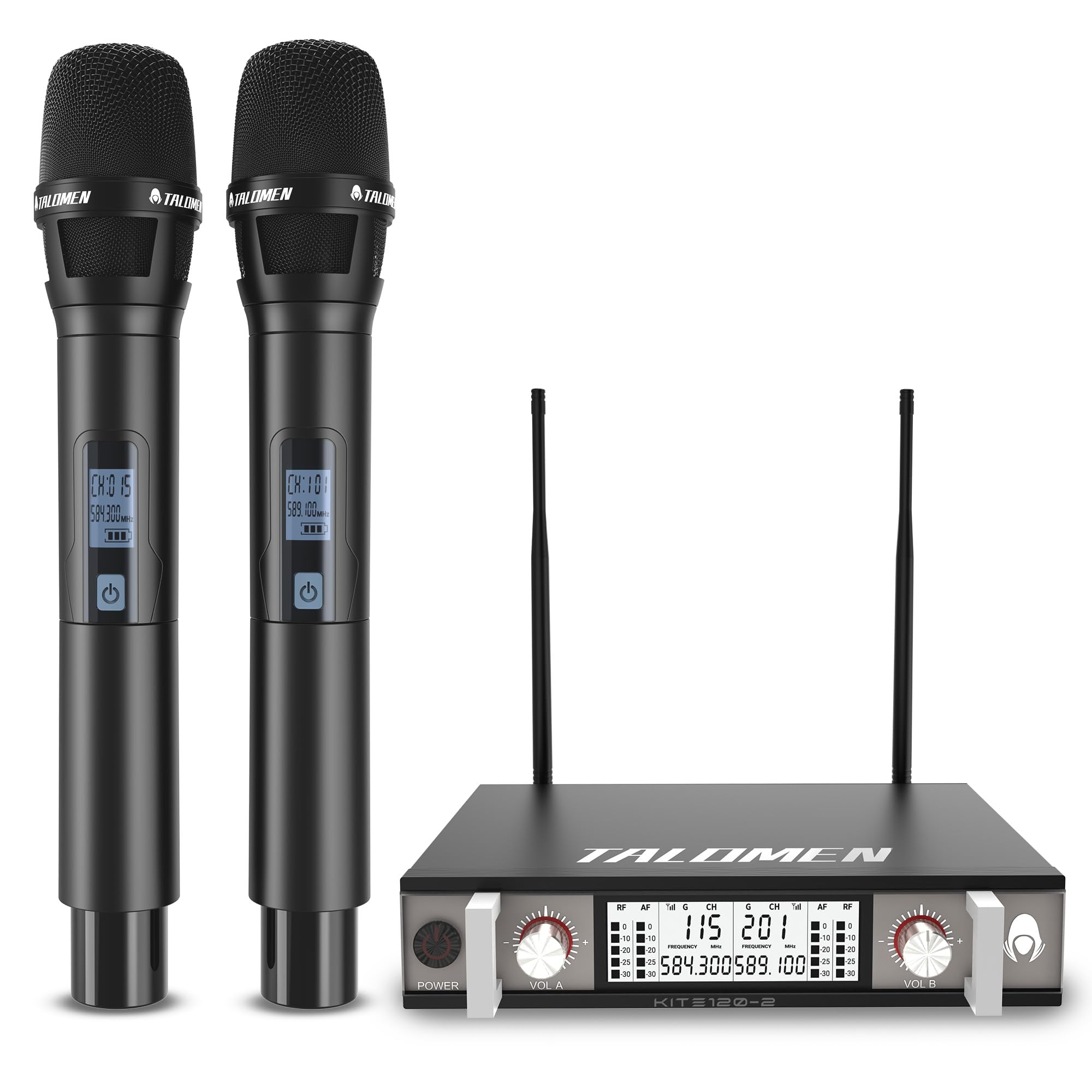 talomen Micro sans Fil UHF, Set de 2 Microphones à Main Dynamiques en Métal, Auto Scan, Portée 120 m, Récepteur Double Canal, Idéal pour Chant, Karaoke, Fête, DJ, Église – K120 Noir