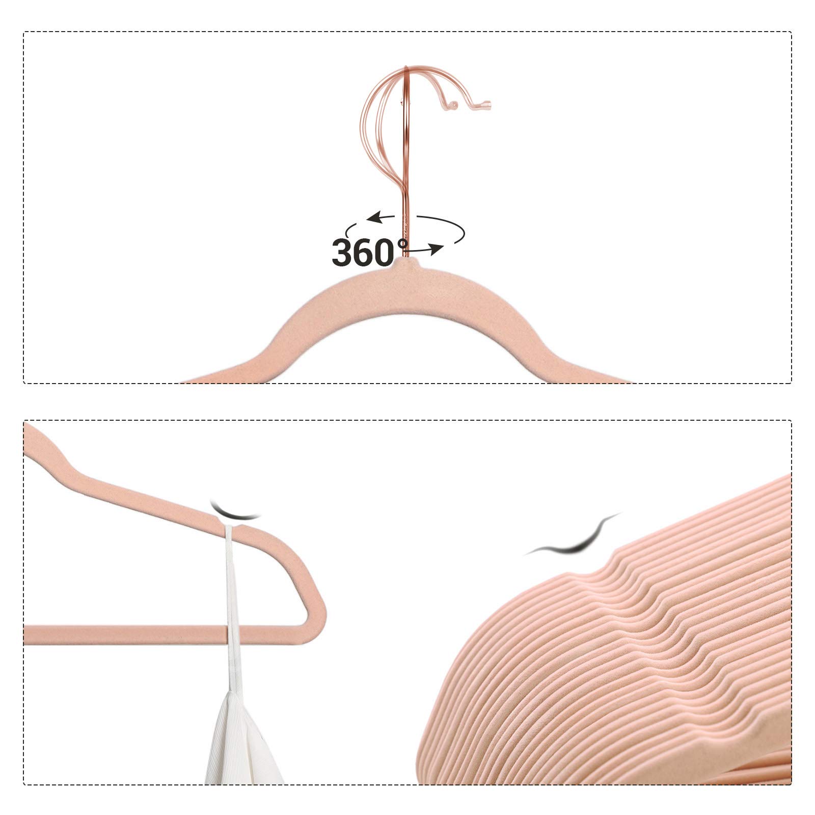 SONGMICS Juego de 20 Perchas Aterciopeladas, 41,5 cm de Largo, Finas, Gran Capacidad de Carga, con Ganchos Giratorios de 360°, para Camisas de Abrigo Completas, Rosa y Oro Rosa CRF026P01