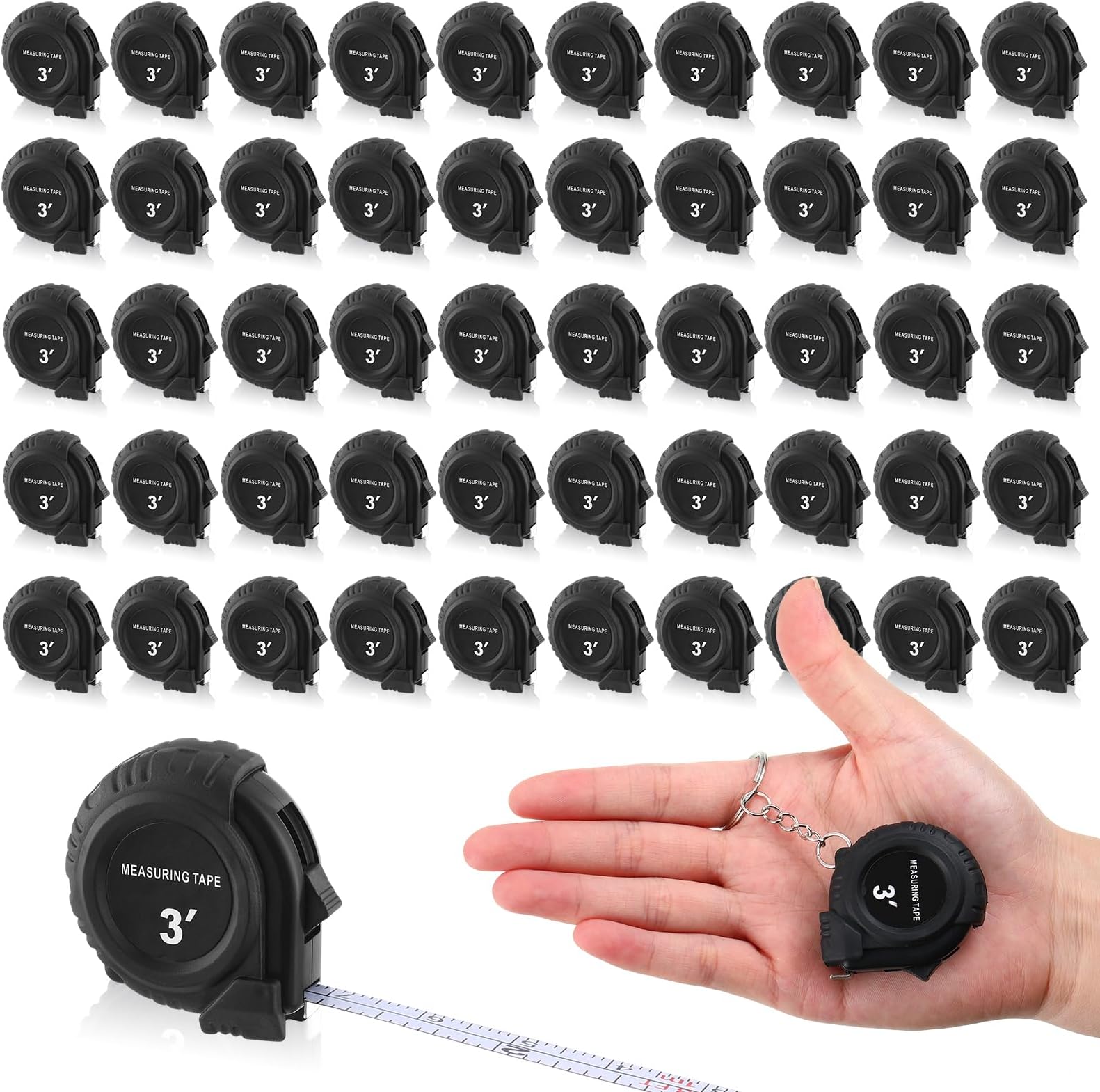 50 Pcs Mini Measuring Tape 3 ft/ 1m Retractable Keychain Tape Measure Easy Read Measuring Tape Bulk Set Small Measurement Tape with Pause Buttons for Engineer, Autowind and Lock, Black