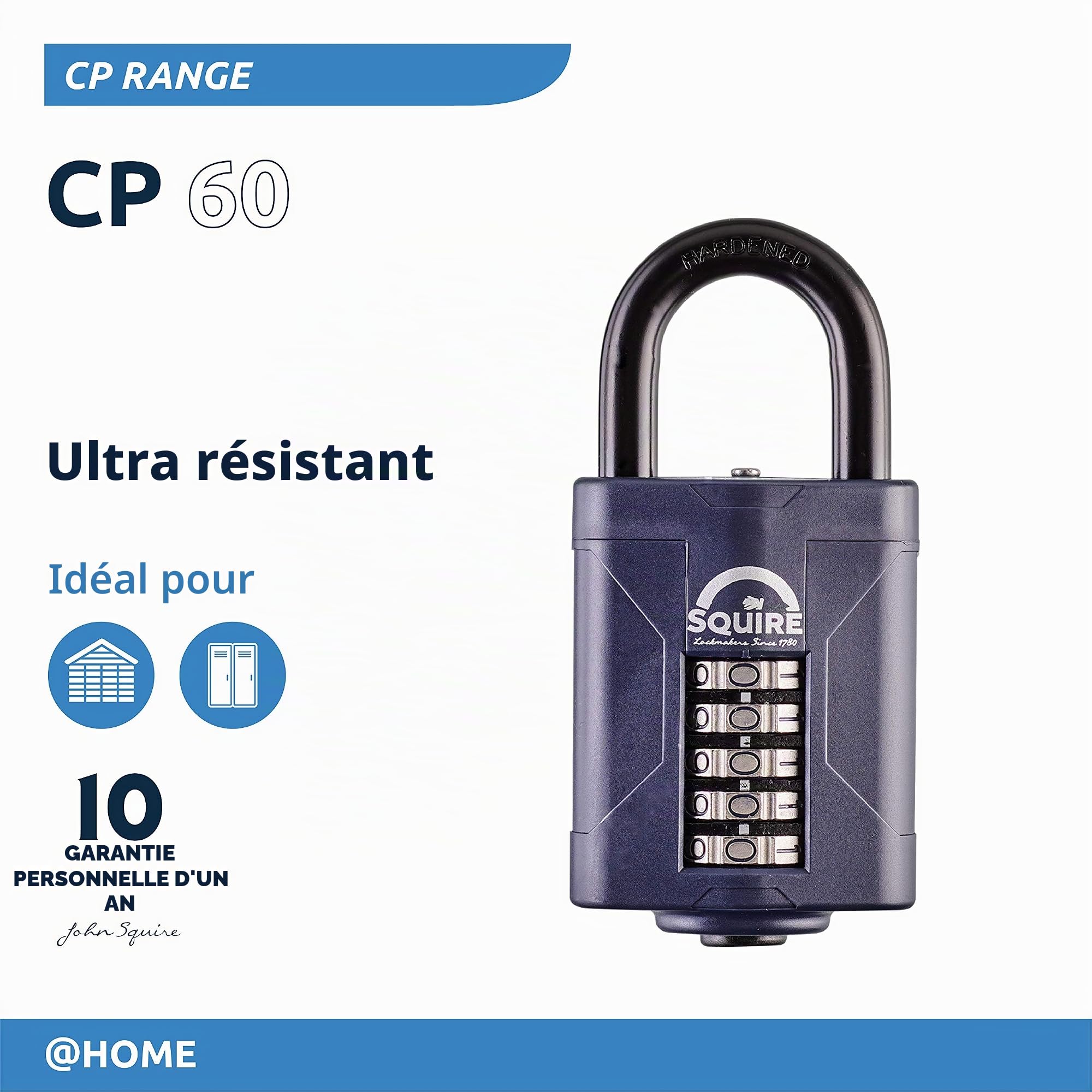 Cadenas Squire robuste (CP60) - Anse en acier la plus résistante - Cadenas à combinaison à 5 viroles - Acier allié anticorrosif - Cadenas étanche pour maison, école et garage (Bleu, 60 mm)