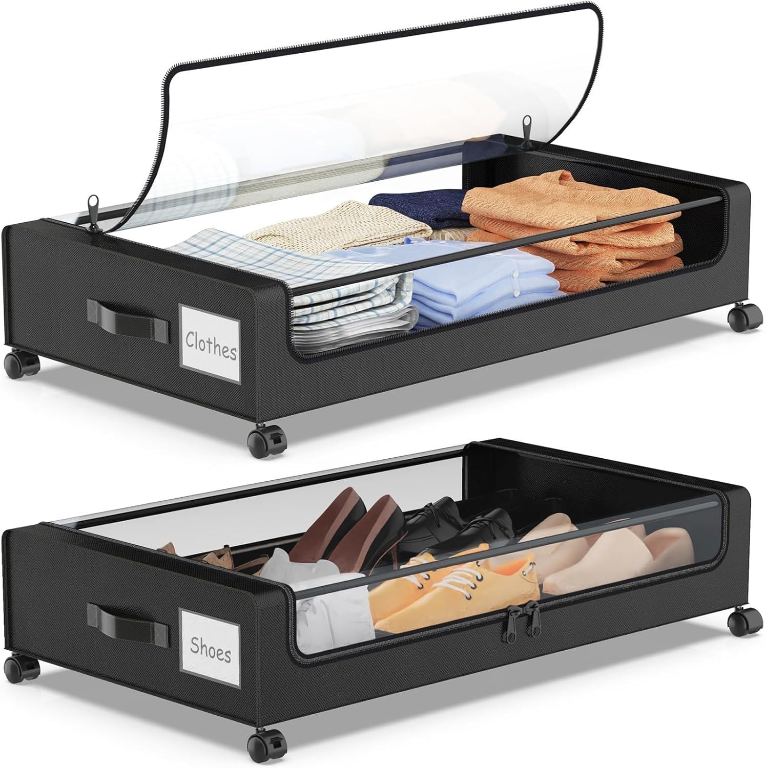 SPEEDEVE 2 Pezzi Contenitori Sottoletto con Ruote 50L Cassettiera con PVC Coperchio Salvaspazio Organizer per Vestiti Scarpe Libri Giocattoli Coperte,Nero,2 pezzi
