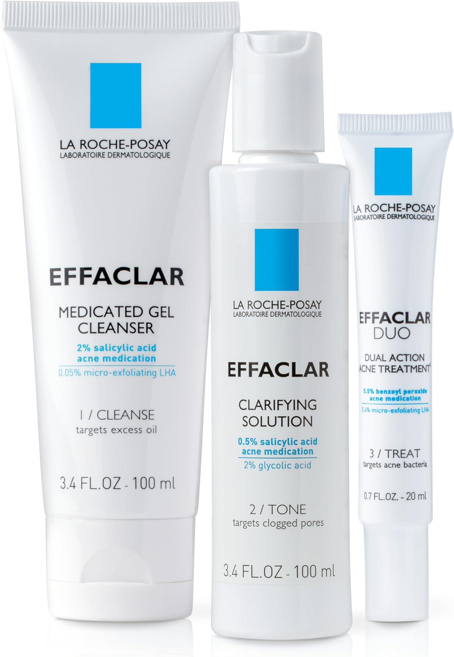 La Roche-Posay Effaclar Dermatological 3 Step Acne Treatment System, Salicylic Acid Acne Cleanser, Pore Refining Toner, and Benzoyl Peroxide Spot Treatment for Sensitive Skin