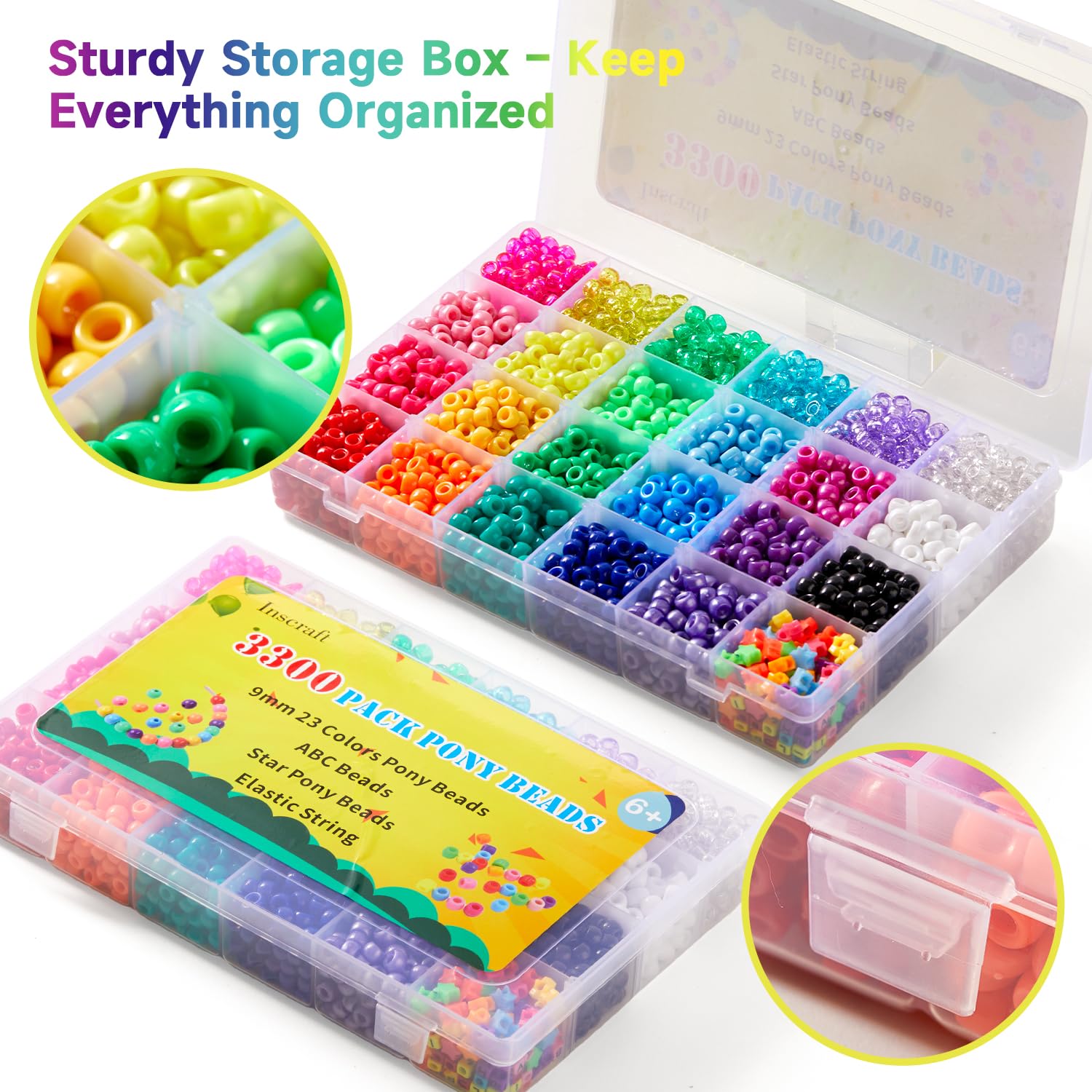 INSCRAFT Set di perline Pony da 9 mm, 3300 pezzi, in 23 colori, con lettere e stelle, corda elastica per la creazione di braccialetti e gioielli