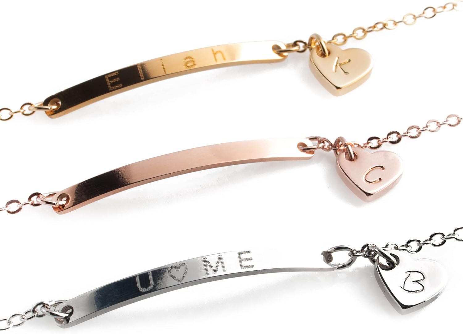 Petite Boutique Personalized Name bar Anklet with dangle heart charm Anklet Initial stamped 16K Plated Gold Rose Gold Silver Birthday Bridesmaids Christmas Wedding Gift