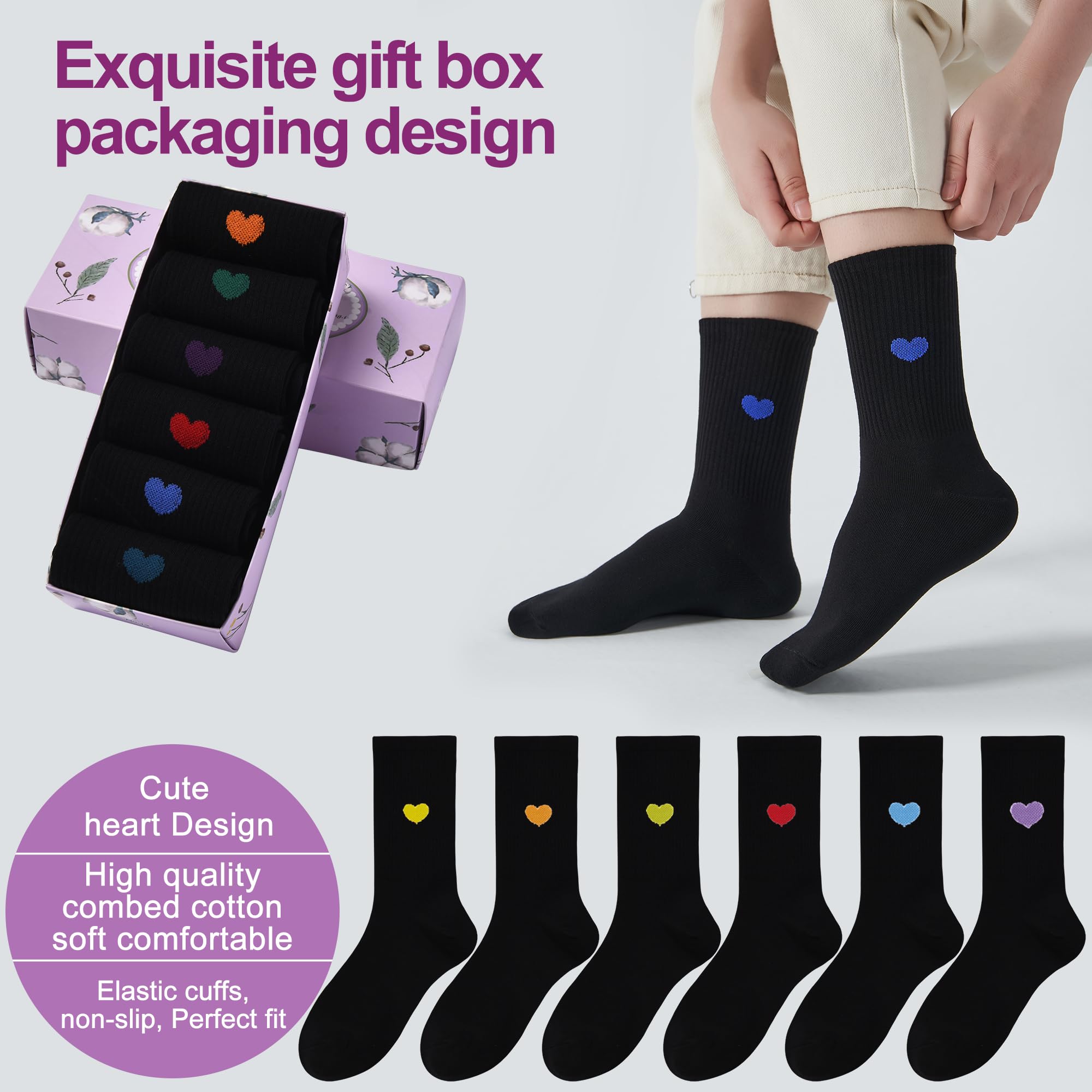 inhees Calcetines tobilleros para mujer, diseño de corazón, de algodón, informales, atléticos, para correr, 6 pares con caja de regalo