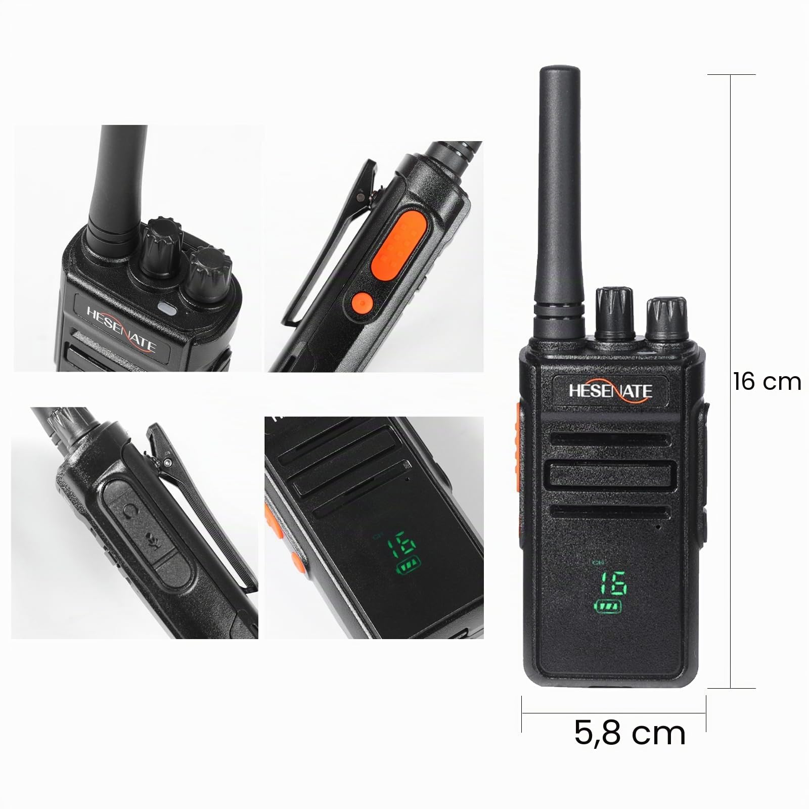 HESENATE HT66 Plus PMR446 sin Licencia Profesional Walkie Talkies | 16 Canales,con Pantalla,con Auriculares, para Hotel,Restaurant,4 Piezas