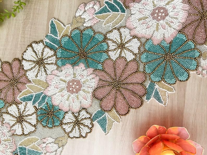 Image of Cotton Beautiful Beaded Table Runner, 13 x 36 Inches, Pack of 1 | Handcrafted Craftsmanship for Thanksgiving & Occasional Decoration