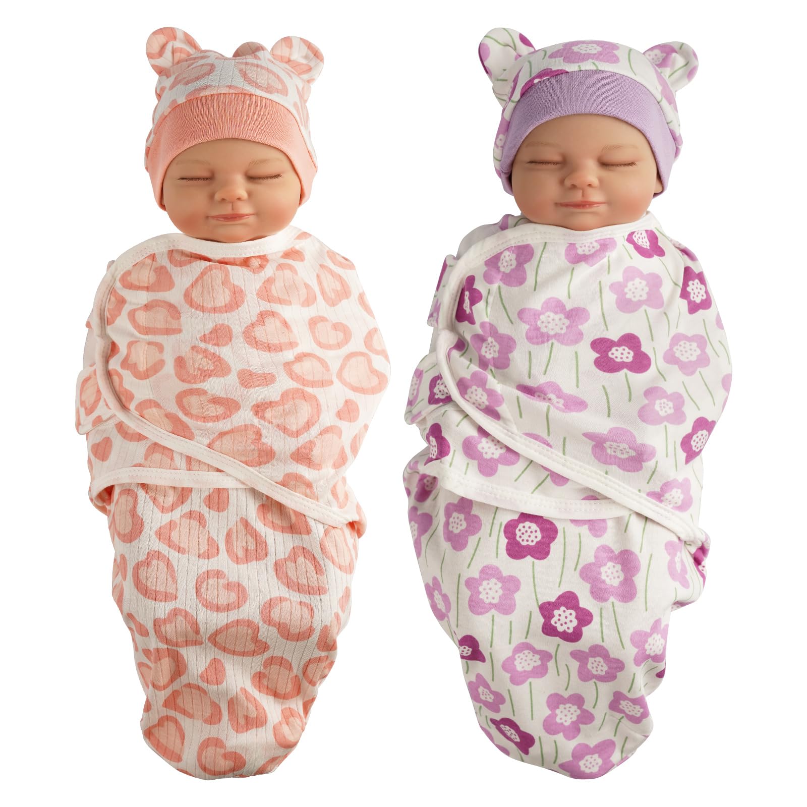 BABESIDE 2 Sets of Reborn Baby Doll Blankets with Hats for 17-24 Inch Babydolls, Reborn Baby Doll Accessories Set Babydolls Swaddle Blankets for
