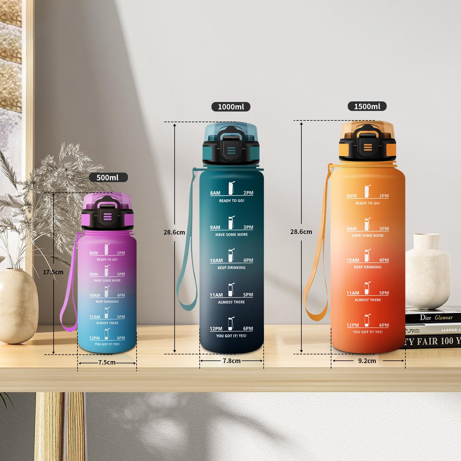 Borraccia Sportiva 1L, Bottiglia con Cannuccia, a Prova di Perdite, Facile Pulizia, Bottiglia Acqua Motivazionale con Indicatore del Tempo, per Campeggio, Ciclismo, Scuola, Ufficio, Lavoro, Gym