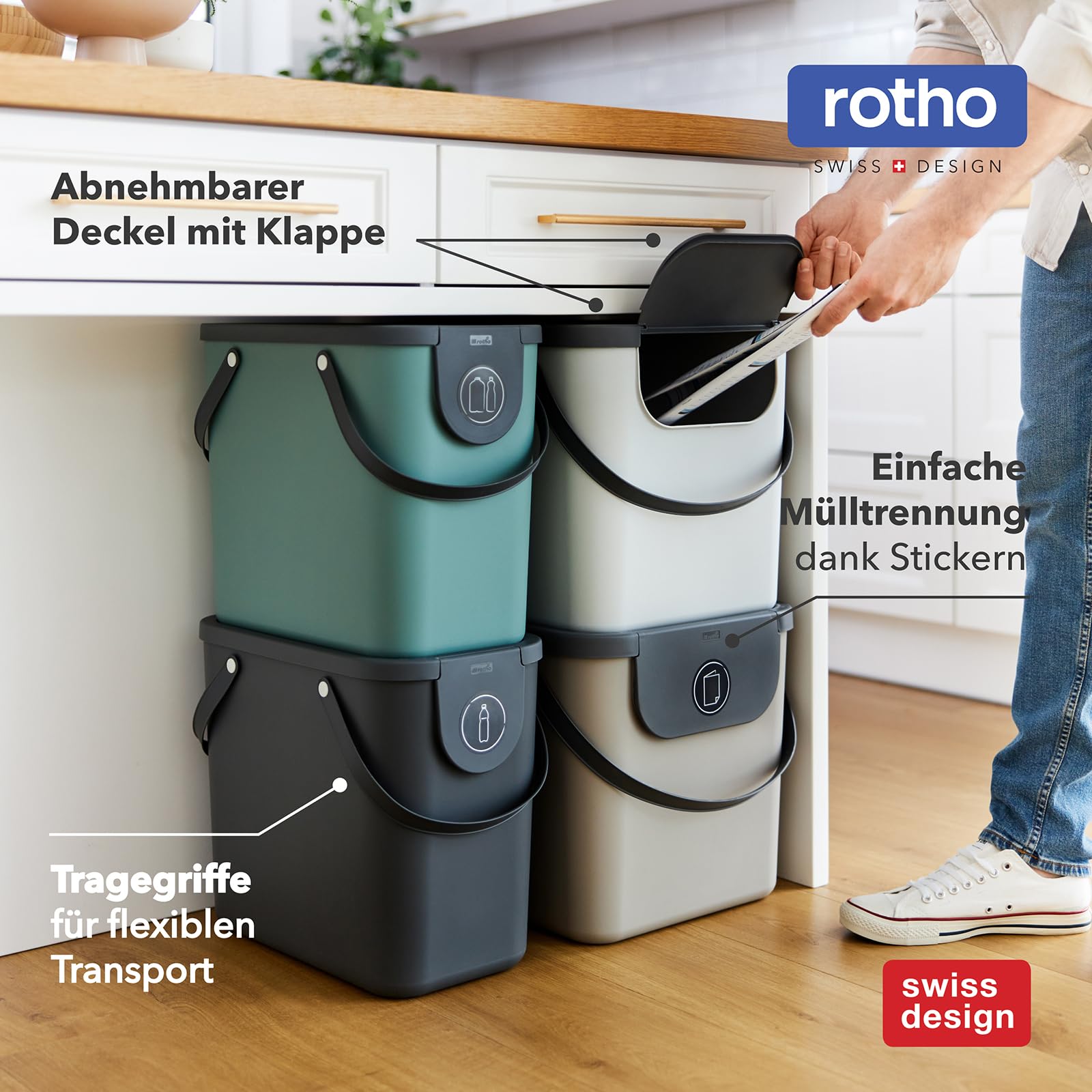 Rotho Albula 2er-Set Abfalltrennsystem 40l | Mülltrennsystem 2fach mit Henkel und Aufklebern | stabil & stapelbar | auch gestapelt zu öffnen | einfach zu reinigen & hygienisch | grün/anthrazit