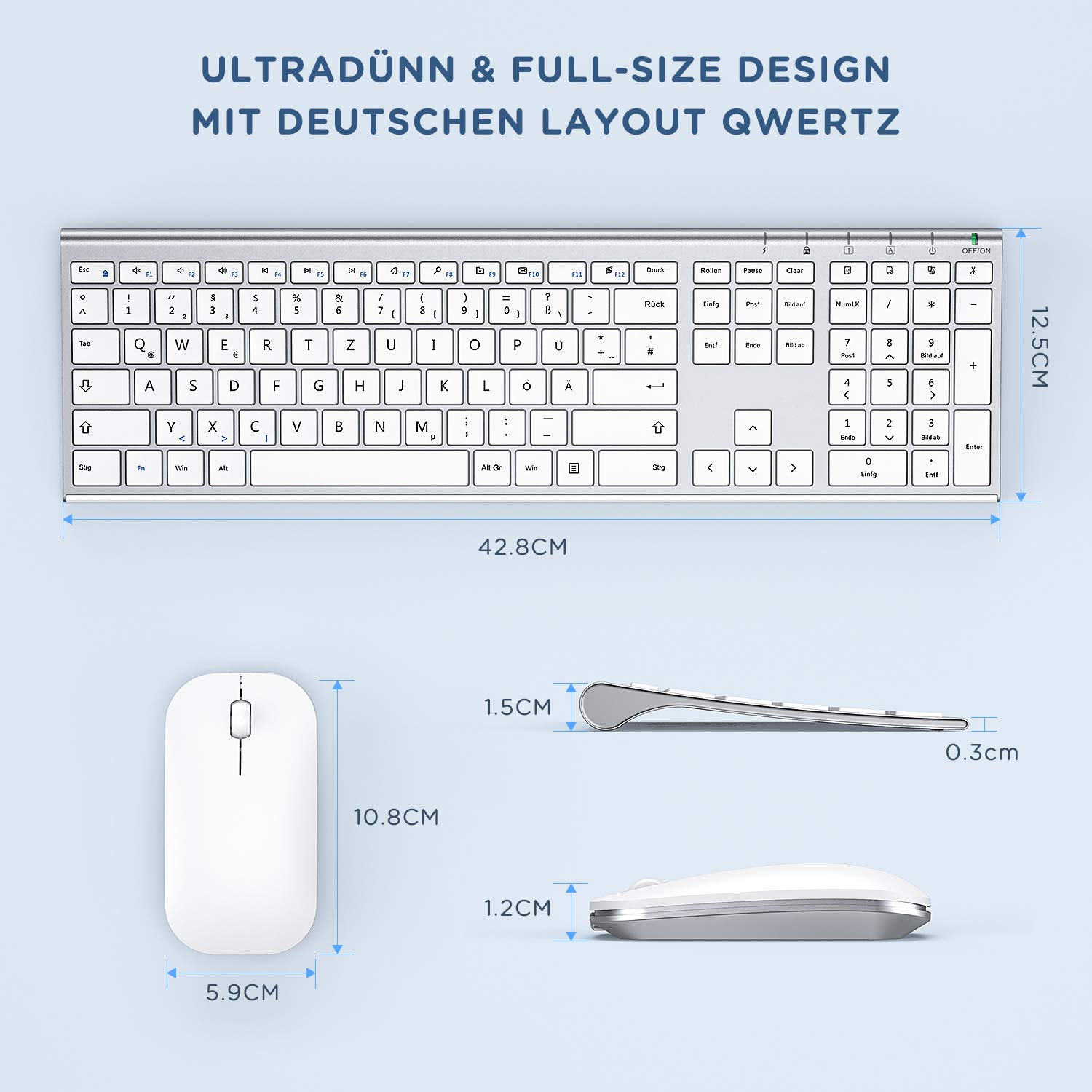 seenda Kabelloses Tastatur Maus Set, 2.4G Ultraflach Wireless Tastatur und Maus Aufladbar aus Aluminium, Deutsch QWERTZ, Weiß Silber