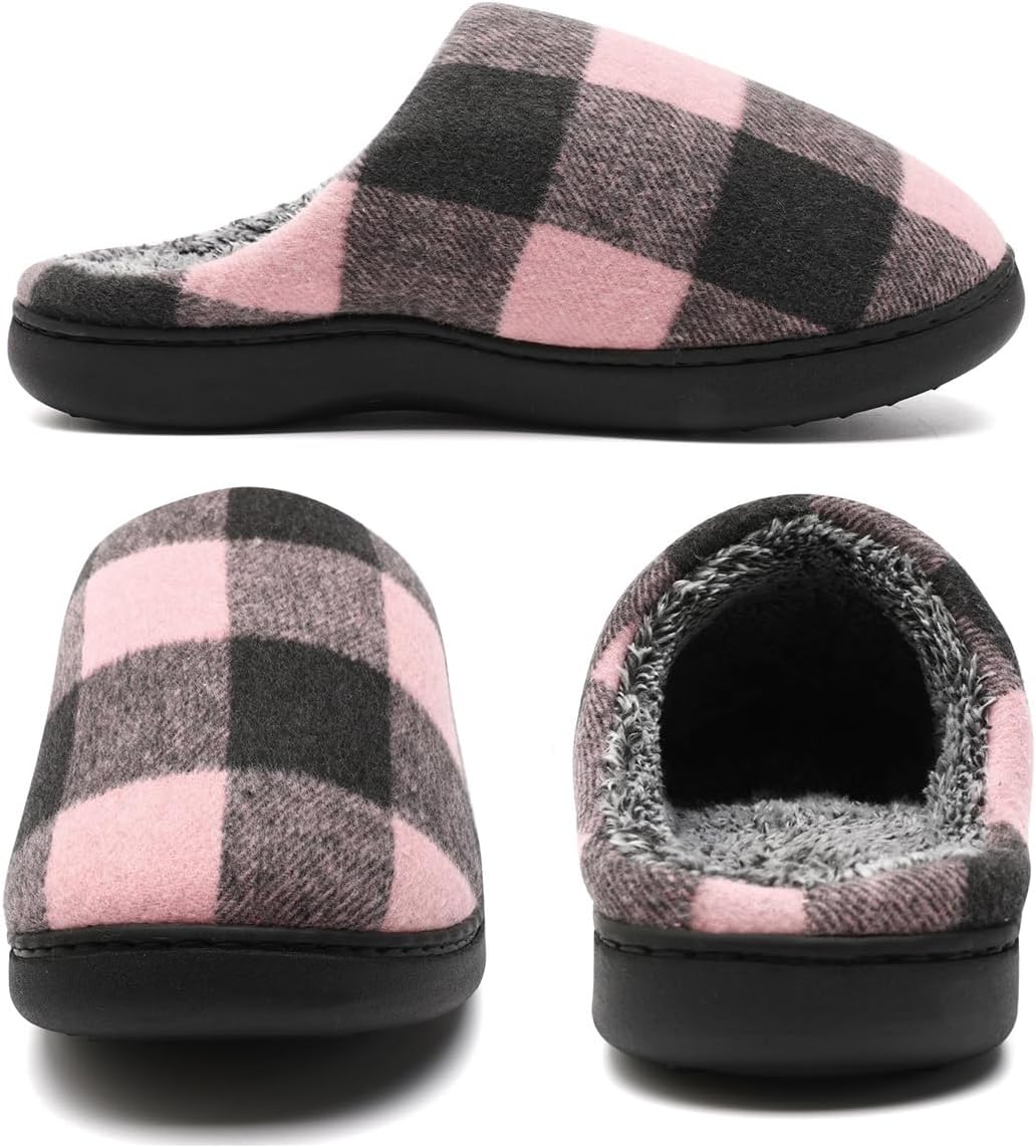 House Slippers for Woman Men, womens Checkered Slippers on House Shoes Cozy Memory Foam Scuff plaid Shoes with Fuzzy Faux Fur Comfortable Non-Slip Warm Fuzzy indoor outdoor - Image 2
