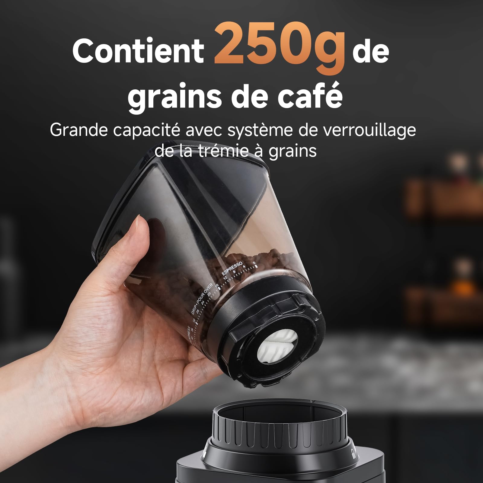 AMZCHEF Moulin A Café Électrique, moulin à café à meules coniques avec 48 réglages de mouture précis, capacité de 250 g pour café filtre, expresso, antistatique, interrupteur à un bouton
