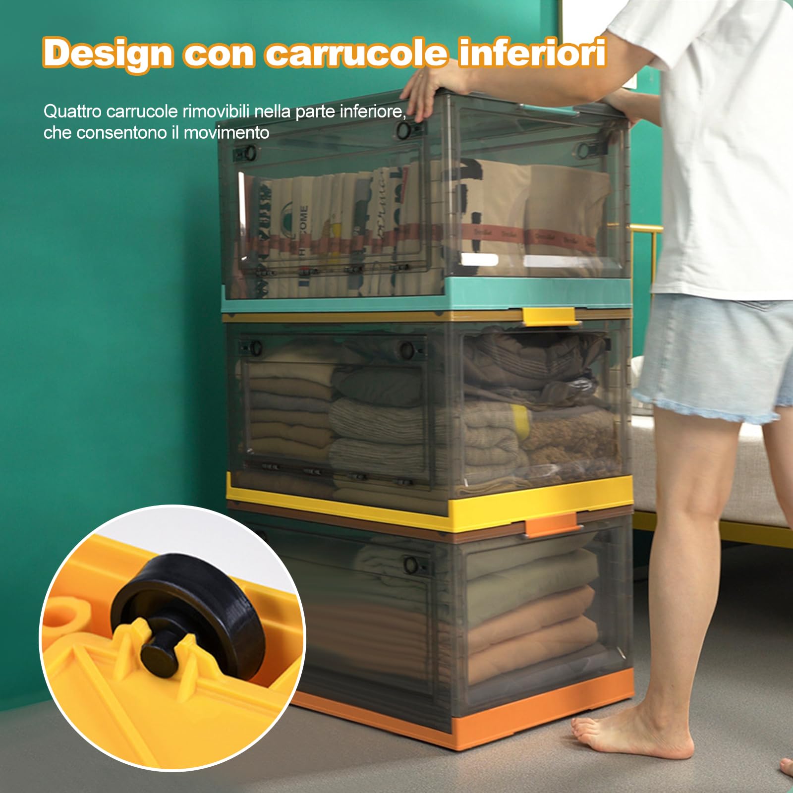 Ergocar Scatole Immagazzinaggio Plastica Pieghevole, Impilabili Scatola Organizer Trasparente, Scatole Pieghevoli con Coperchi e Ruote Nella, per Auto, Armadi, Casa, Ufficio
