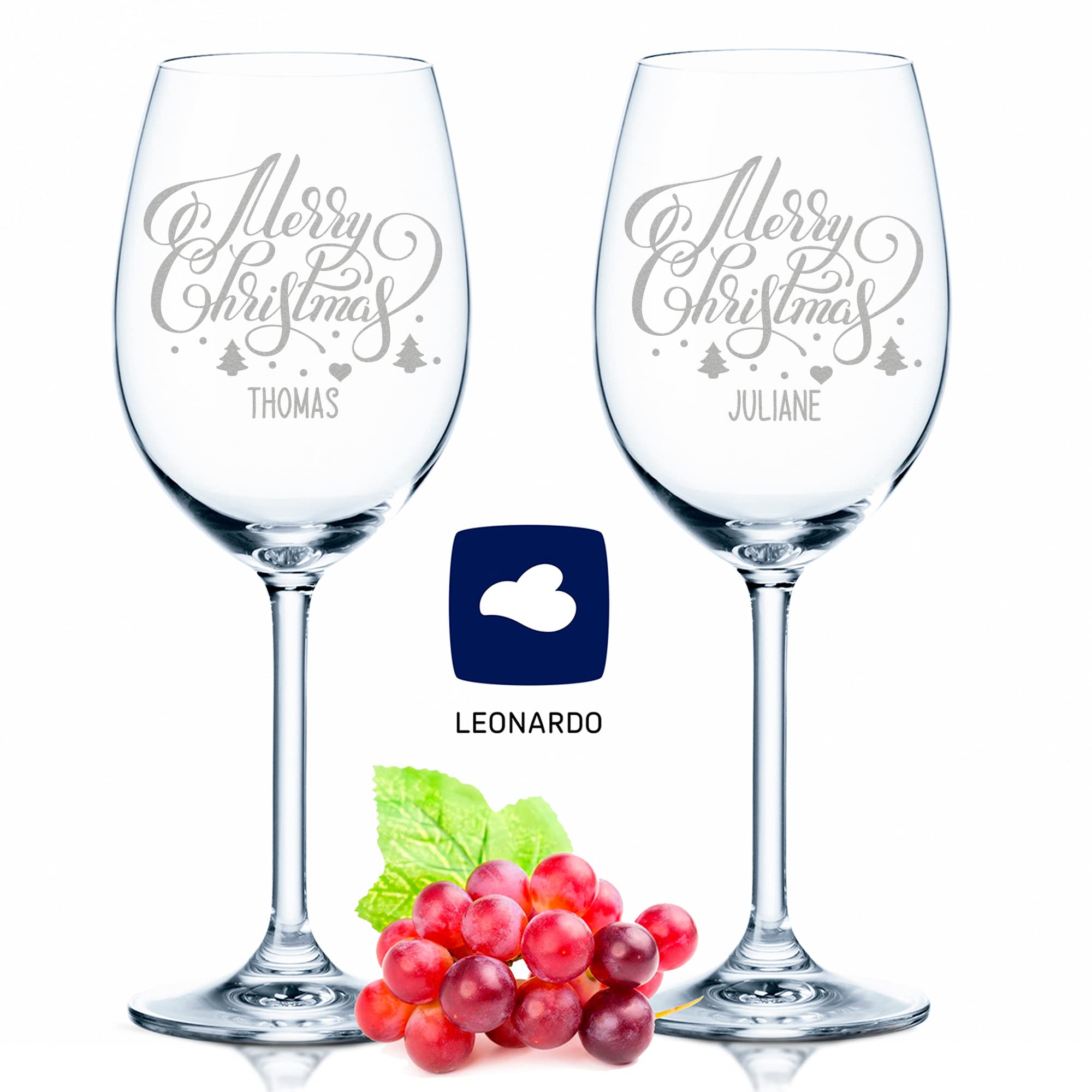 GRAVURZEILE Leonardo Calici da vino – Merry Christmas Lettering Design – Incisione con nome a scelta – Scatola in legno con design natalizio blu – Regalo di Natale per famiglia, amici e partner