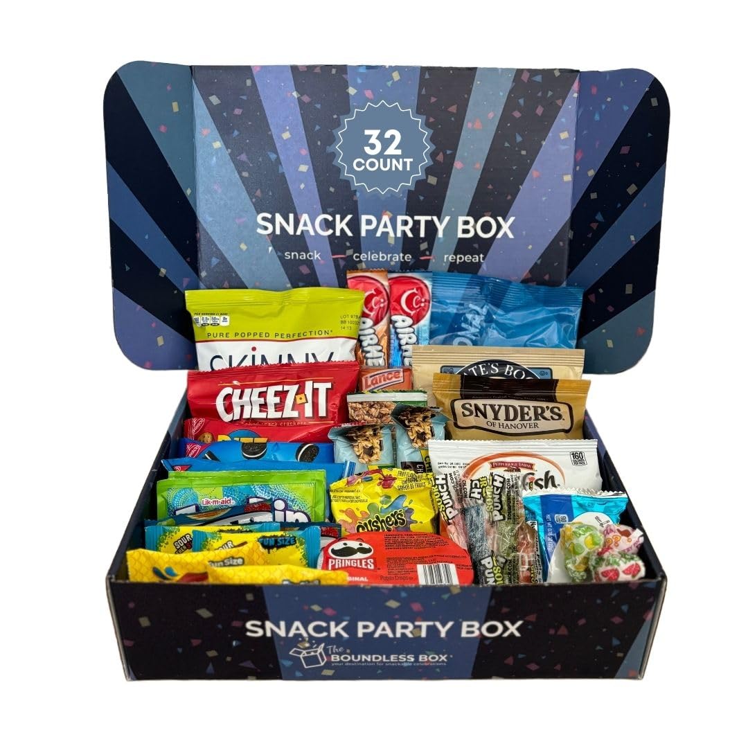 SNACK PARTY BOX from The Boundless Box (32ct) - Variety Pack of Snacks for All Occassions! Graduation, Gift, Spring, Birthday, College Care Package, Kids, Teens, Thank you, Road Trip