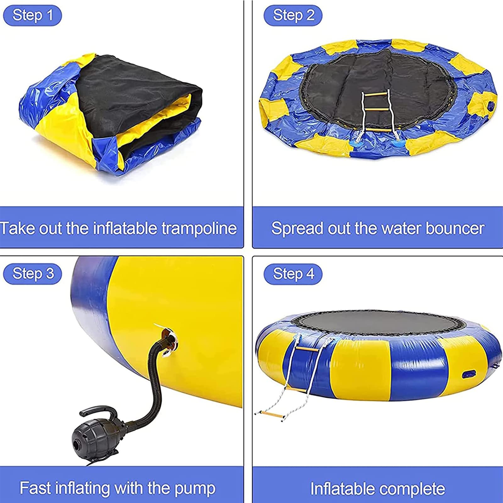Mobilna nadmuchiwana trampolina wodna ze zjeżdżalnią, trampolina do wody rekreacyjnej Pływająca trampolina z pompą powietrza, trampolina do basenu, platforma do wędkowania w wodzie rekreacyjnej, 3M
