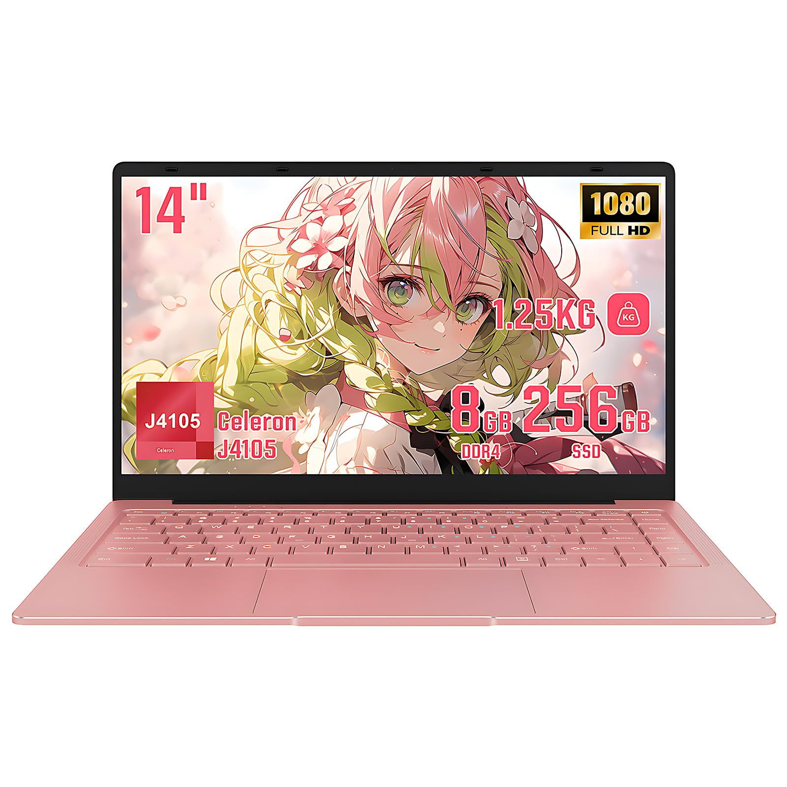 Ordinateur Portable 14 Pouces Léger, PC Portable Windows 11 Pro, Celeron J4105, 8 Go DDR4, Écran FHD IPS 1920x1080, WiFi 5G Bluetooth, Mini HDMI USB 3.0, Clavier AZERTY (Or Rose, 8+256G)