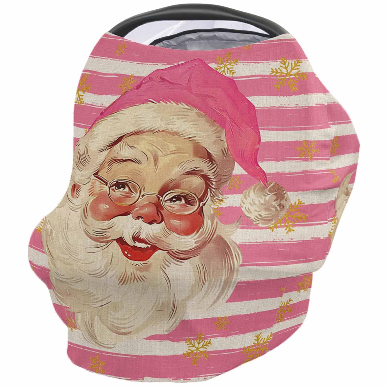 Nursing Cover for Breastfeeding Scarf, Christmas Santa Claus Hand Painted White Pink Strips Baby Car Covers Super Soft Multi Use for Canopy Shopping Cart Cover Blanket Stroller Cover