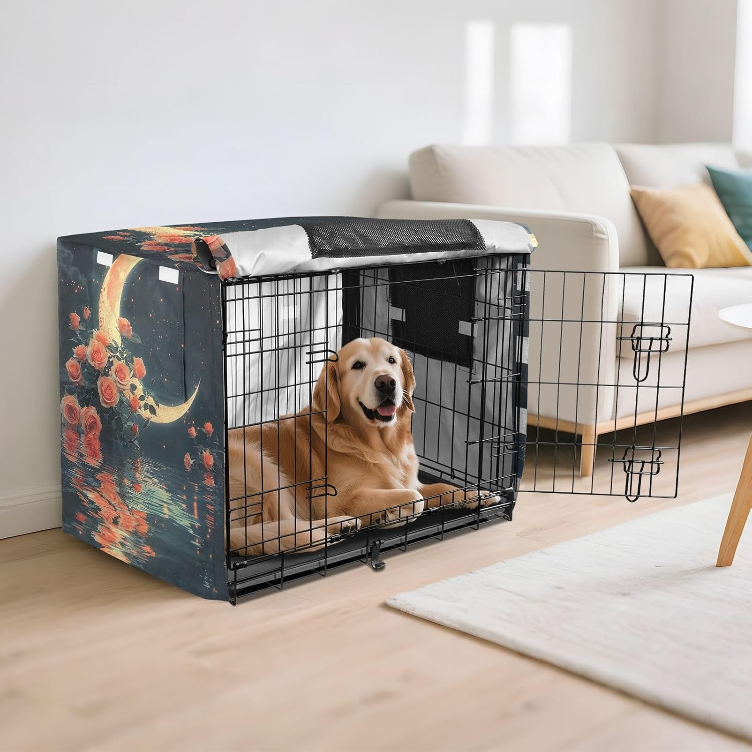 Ethereal Crescent Moon Dog Crate Covers Roll-up Side Panels, Pet Crate Cover with Roll-up Sides, X-Large
