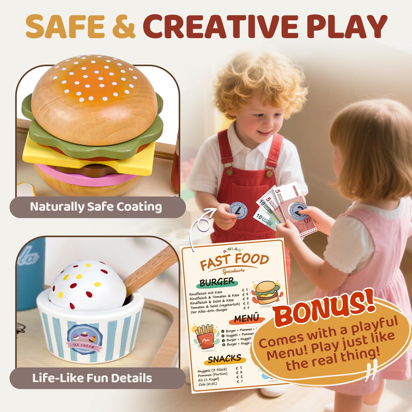 Airlab Fast Food Giocattolo, Accessori Cucina Giocattolo Legno per Bambini Bambina, Set Cibo Veloce Finto Giocattolo per Cucina Bambini, Regalo Bambino Compleanno Pasqua Halloween Natale 3 4 5+ Anni