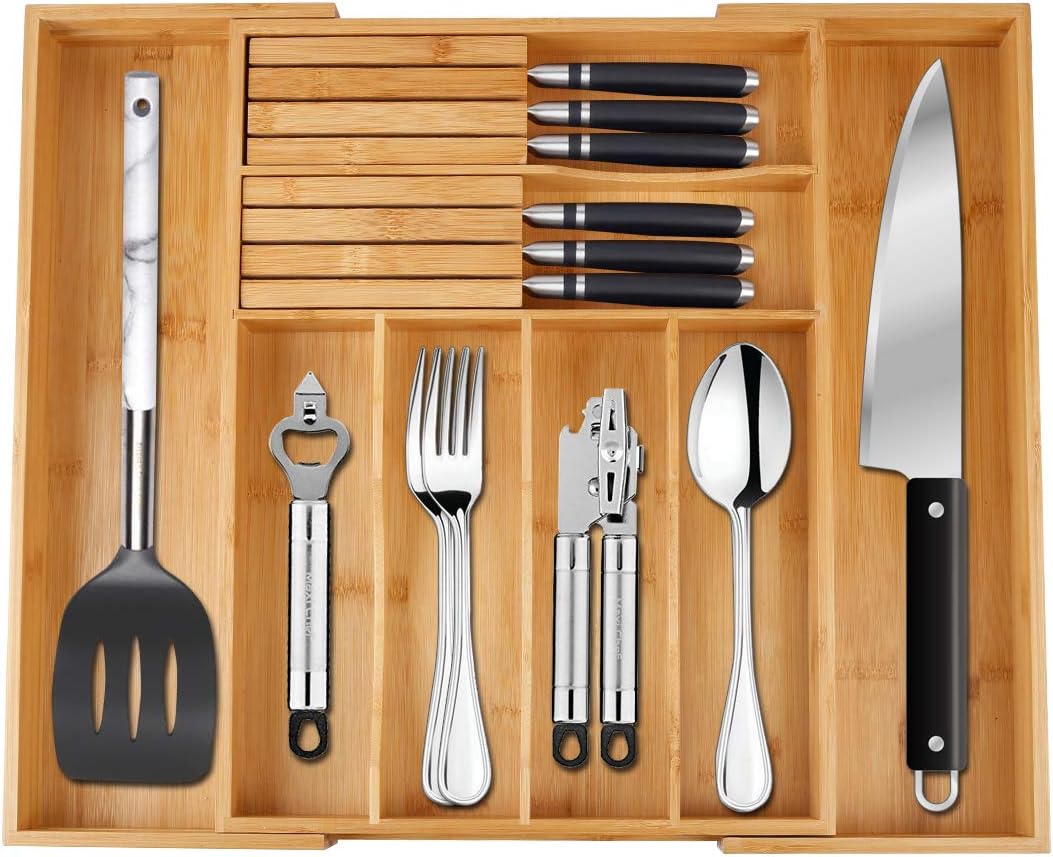 Utensil Drawer Organizer Bamboo Flatware Organizer Expandable Kitchen Silverware Organizer Cutlery Tray with 2 Removable Knife Blocks 8 Compartments Kitchen Tray for Utensil,Cutlery, Flatware,Silver