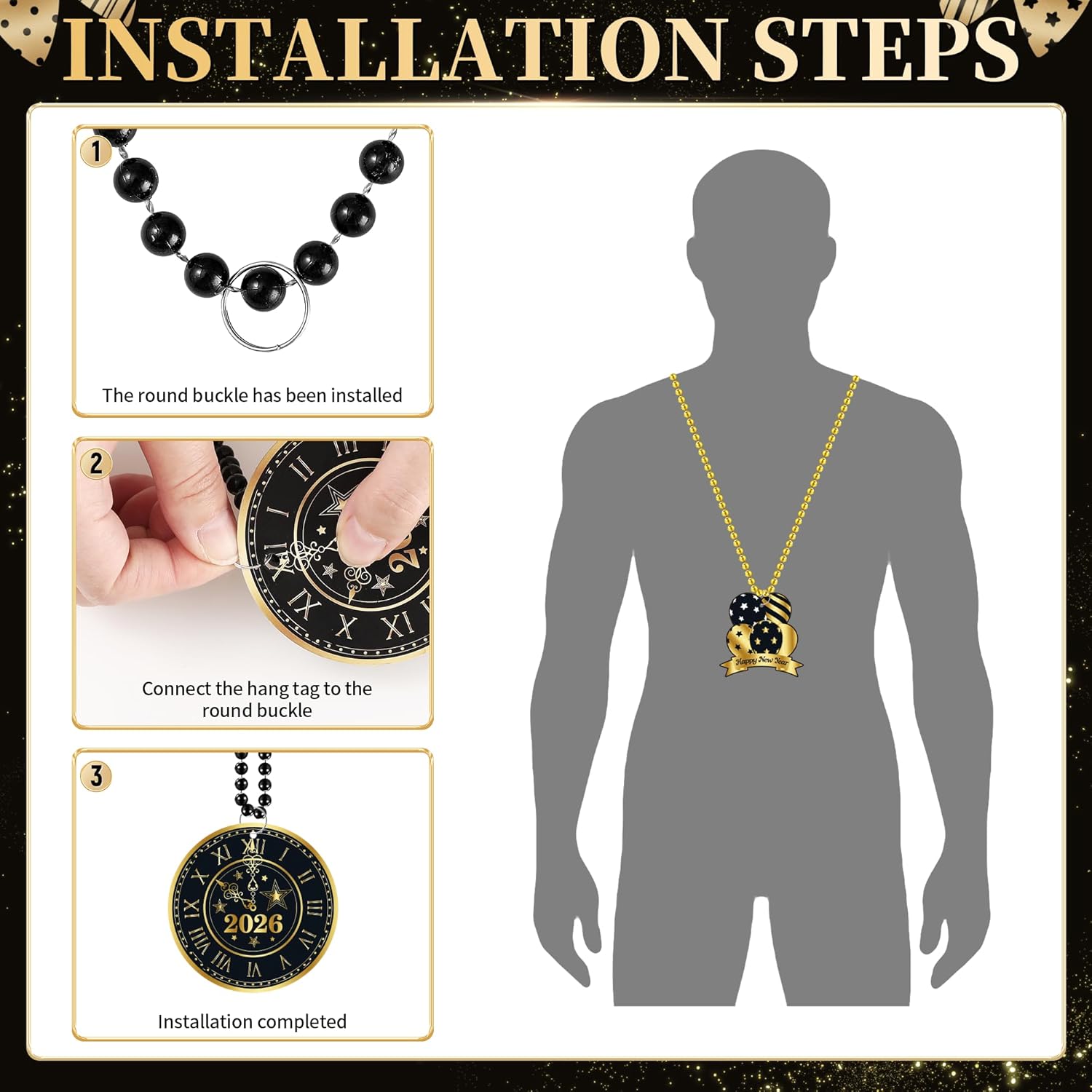 48Set New Year Beads Necklaces Decorations- 2026 DIY Pendant for Black Gold Happy New Year Party Set, Pendant & Beads Kit for New Year's Eve Party Favors, Decorations and Supplies - Image 3