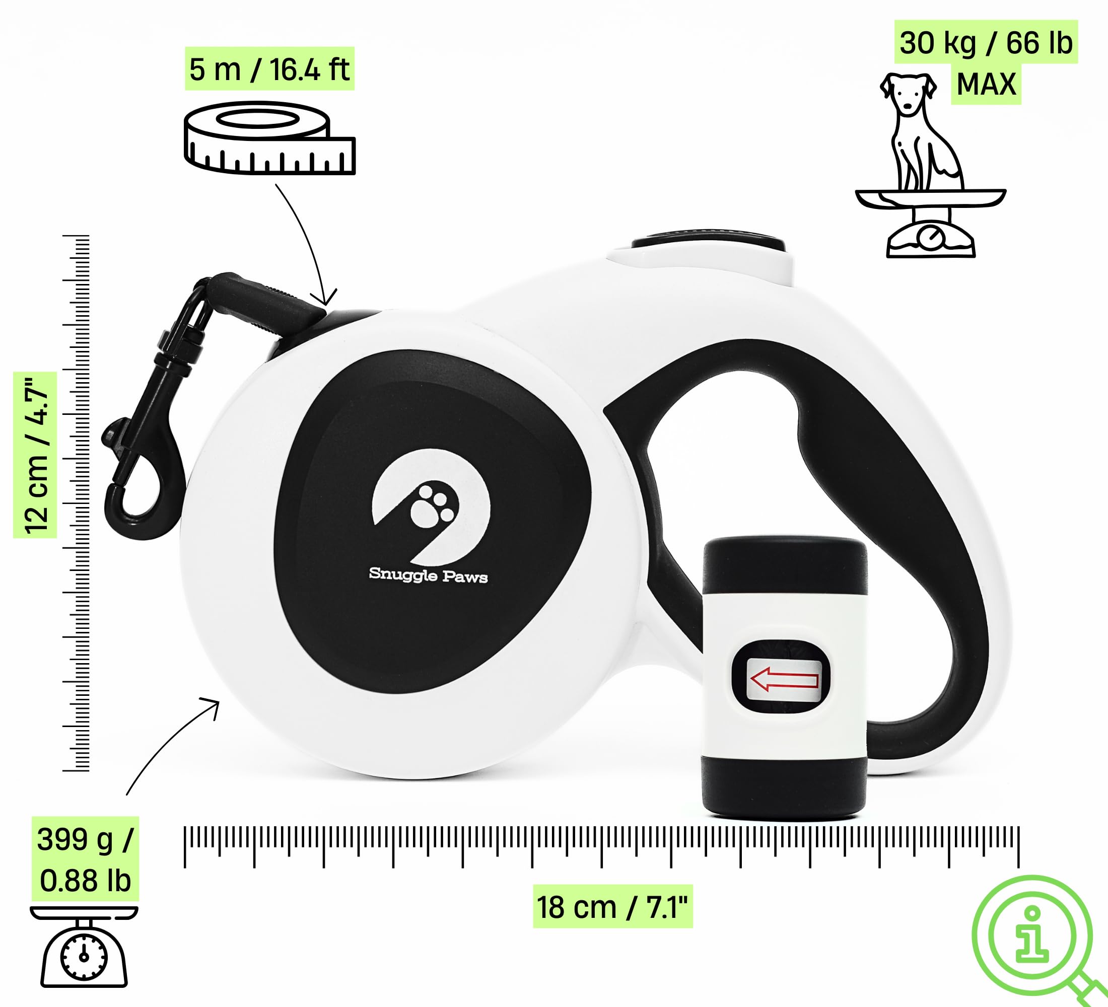 Snuggle Paws Correa Perro Extensible 5m Todo en Uno – Luz LED, Dispensador de Bolsas, Cable Antimordida y Cinta Reflectante | Correa Retráctil para Perros Medianos hasta 30kg