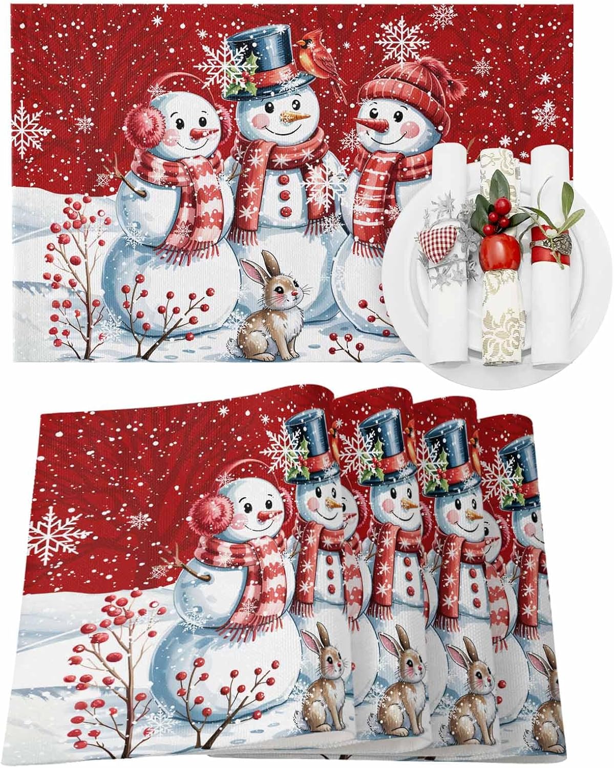 Cute Snowman Placemats Set of 8 Snowman with Hat Scarf Rabbit Berry Winter Snow Red Place Mat for Dining Table Washable Polyester Red Christmas Kitchen Table Mat for Home Decorations