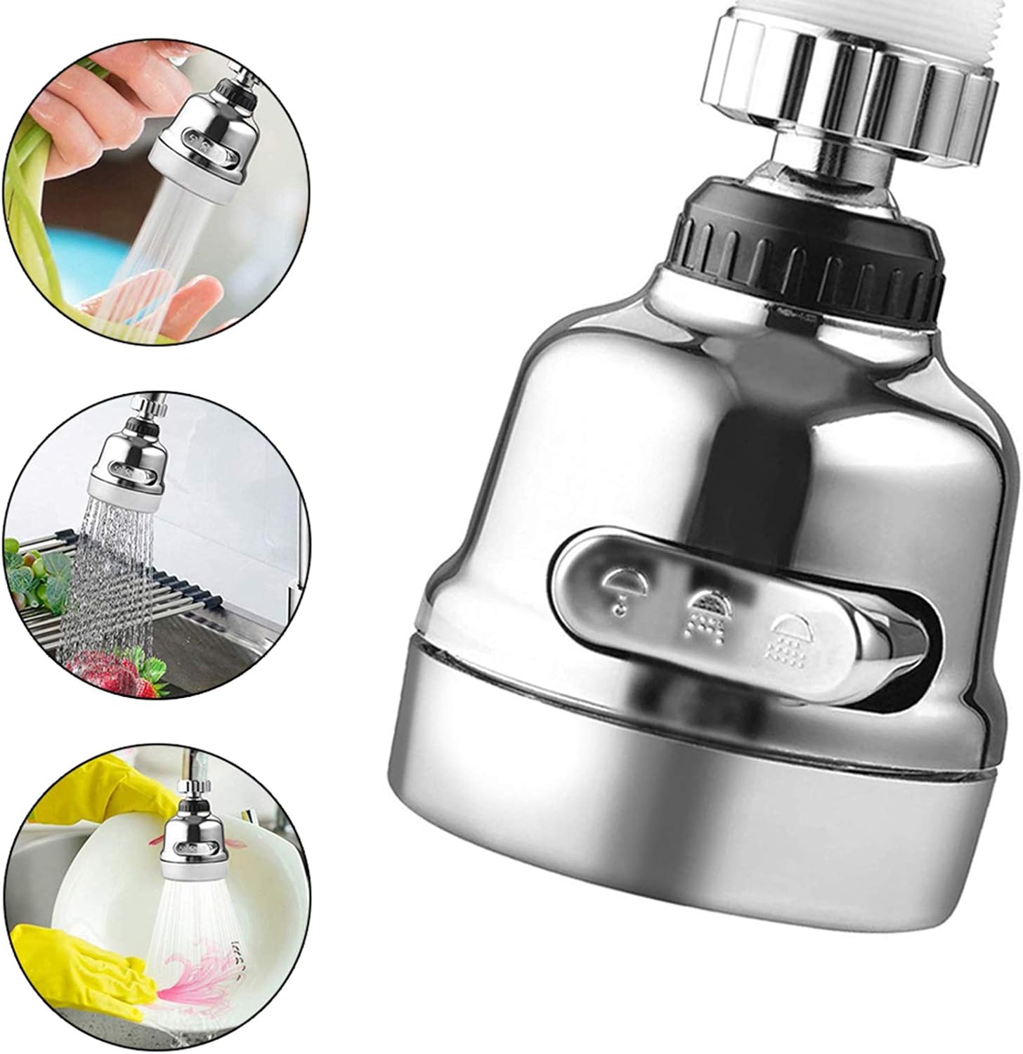 360° Kitchen Faucet Sprayer Attachment - Stainless Steel Swivel Kitchen Sink Faucet Head Replacement, 3 Adjustable Modes, Water Saving, Easy to Install, for Round Taps with Internal & External Threads