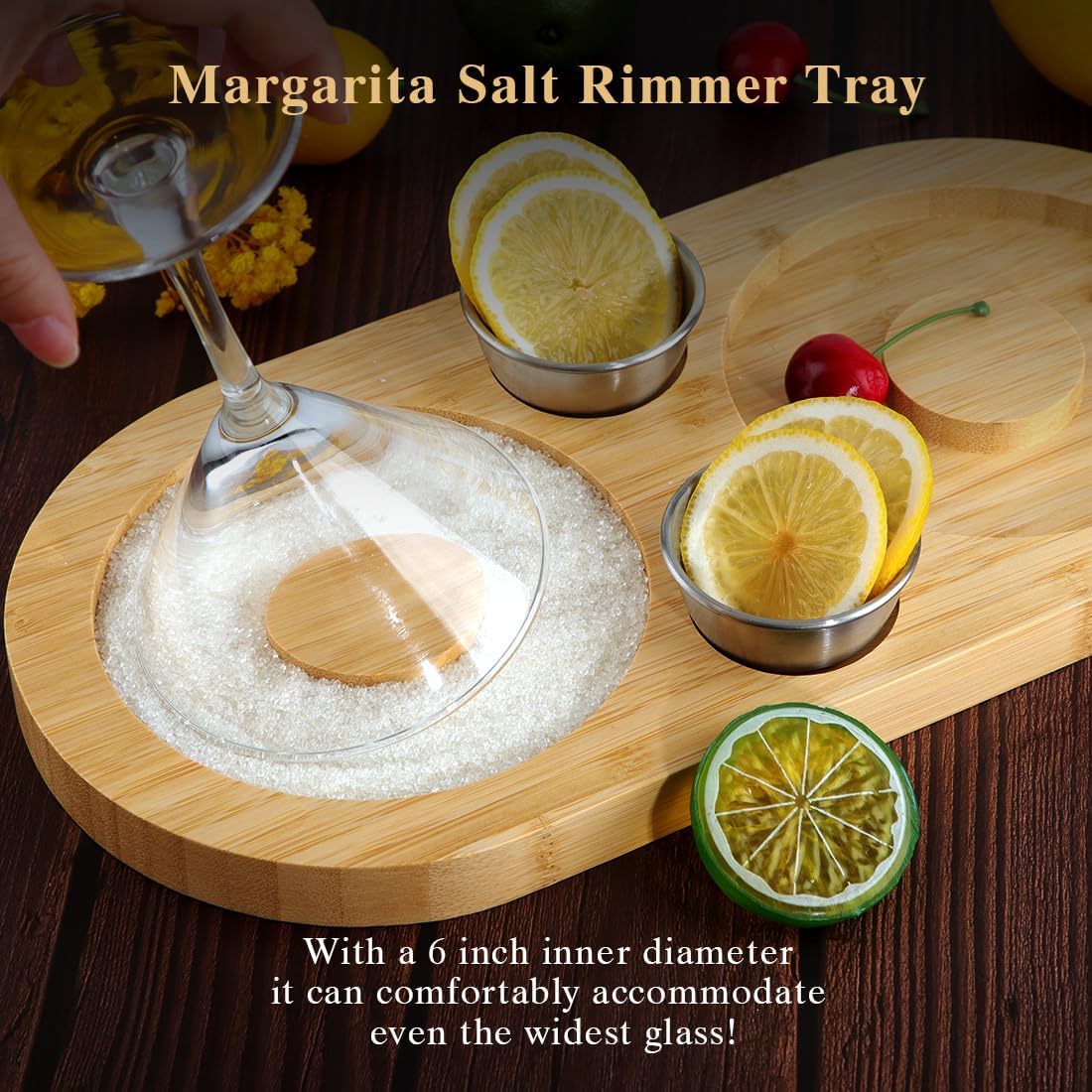 Margarita Salt Rimmer Set - Salt Rimmer for Cocktails with 2 Stainless Steel Bowls, Wood Glass Rimmer | Bar Accessories for Bartender, Cocktail & Margarita (Sugar/Salt Rimmer)