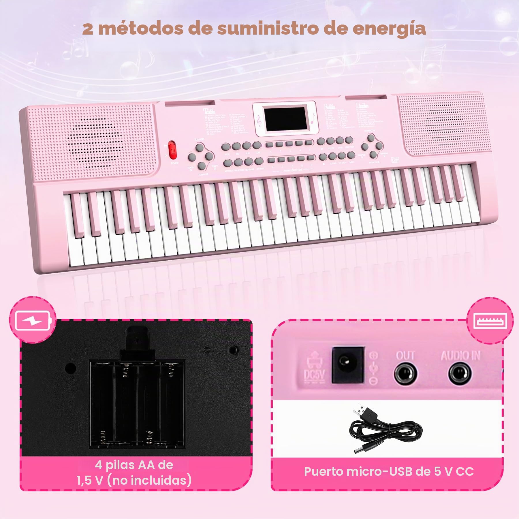 Piano Infantil Teclado con 61 Teclas Iluminadas, Digital Electrónico Niños | Organo Niños con Micrófono, Juguete Musical Educativo Regalo para Principiantes Niños y Niñas de 3 4 5 6 7 8 Años, Rosa