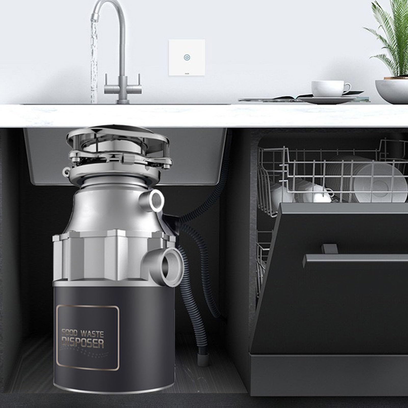 Fockety Trituradores de Basura, Triturador de Residuos de Alimentos de 3800r/min, Molinillo de Acero Inoxidable con Protección contra Sobrecarga para Cocina, Moler (Enchufe de la UE 220V)