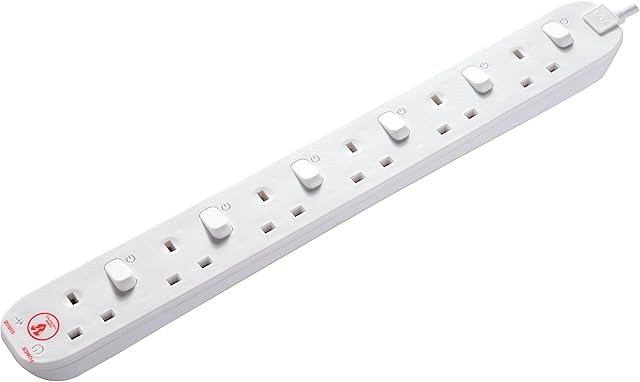 Masterplug Six Socket Power Surge Protected Extension Lead with Individual Switches, 2 Metres