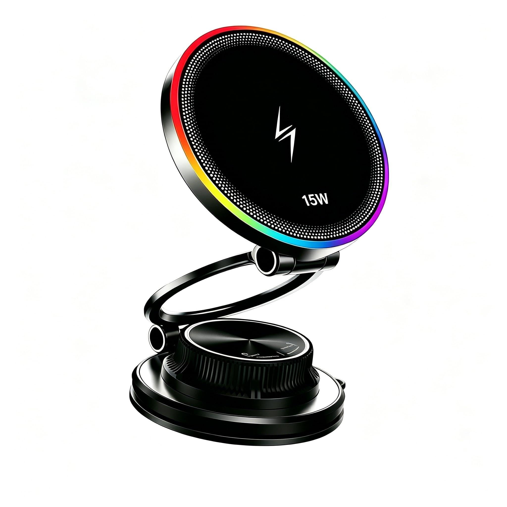 15W Fast Wireless Car Charger, Magnetic Dashboard Phone Holder, 360 Rotating Foldable Bracket, Compatible with MagSafe, Strong N52 Magnet &amp; Gel Suction for iPhone17/16/15 pro and Samsung (Black)
