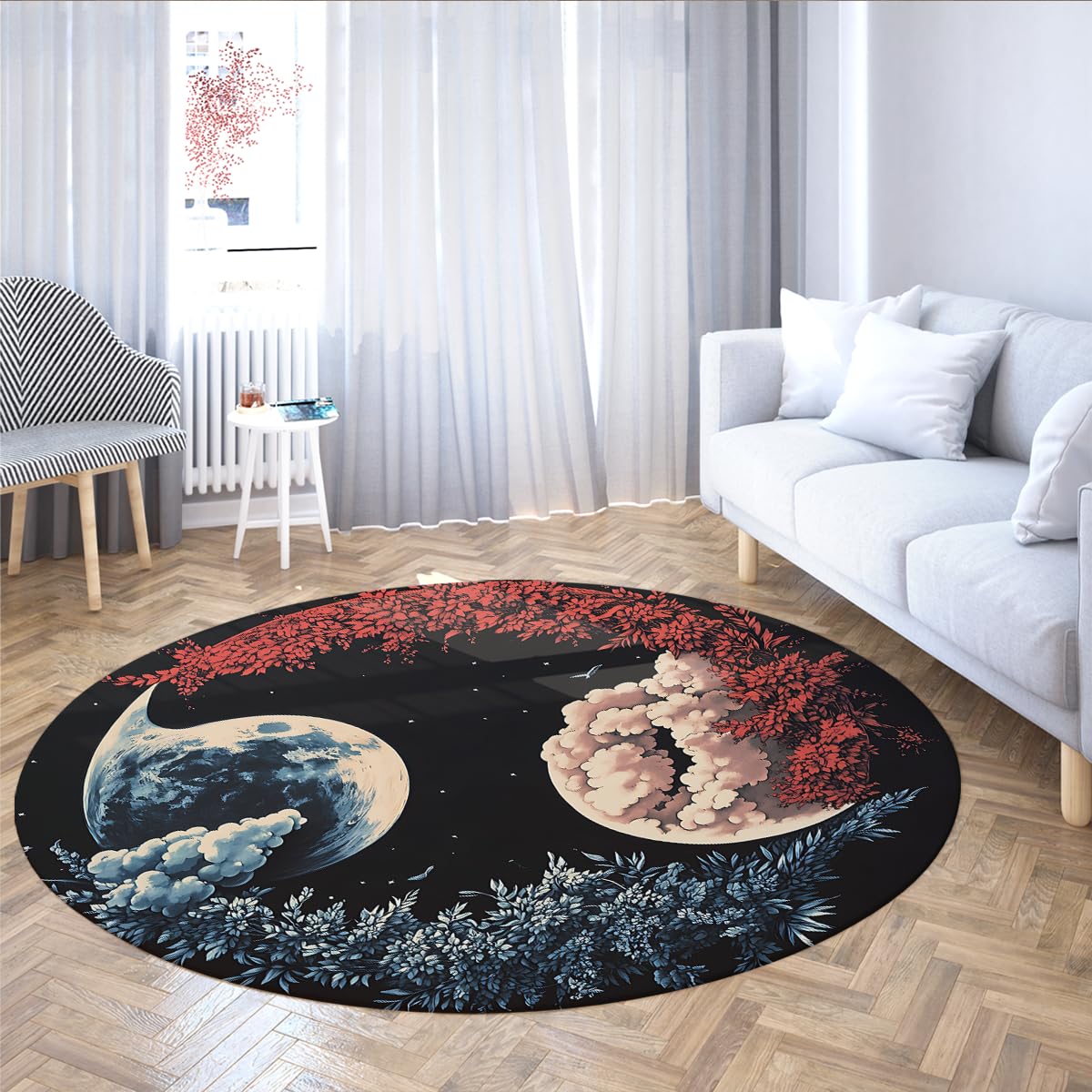 Romantyczny ciemny roślin księżyc i gwiazda okrągły dywan Yin-Yang niebiesko-czerwony dywan roślinny zmywalny miękki niski włos antypoślizgowy wystrój podłogi 160 x 160 cm