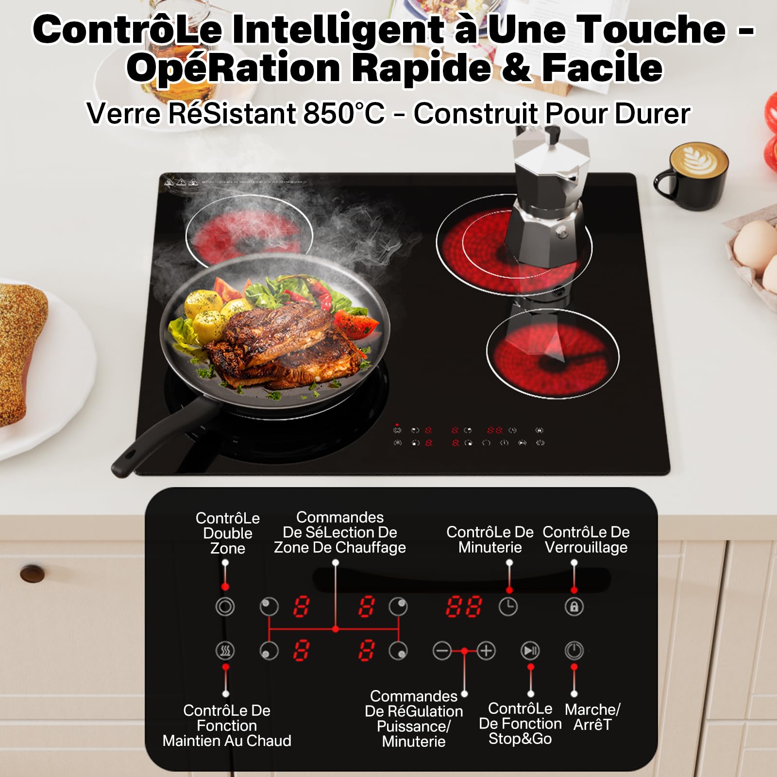Plaque Vitrocéramique 4 Feux 6700W,Cuisson Électrique Encastrable 220V