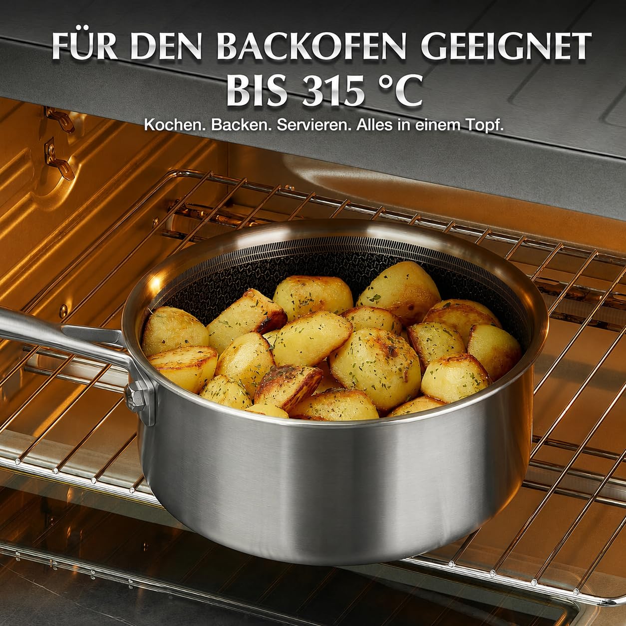 KOCH SYSTEME CS Edelstahl-Topfset 6-teilig mit Glasdeckel,18/20/26 cm, Edelstahl-Kochtopf-Set mit Hybrid-Antihaftbeschichtung, Kochtopf Induktion, Spülmaschinengeeignet, 2L/2.8L/7.5L