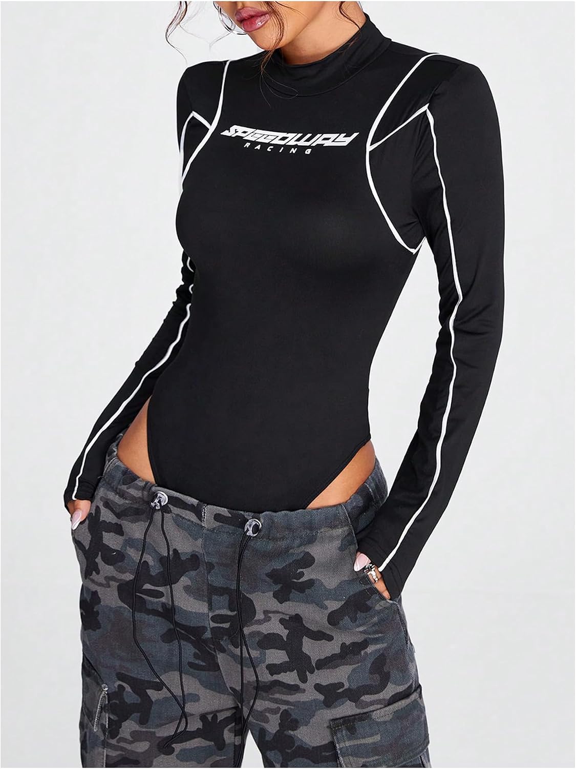SweatyRocks Women's Mock Neck Long Sleeve Bodysuit Letter Print Body Suits Leotard Thong Bodysuits