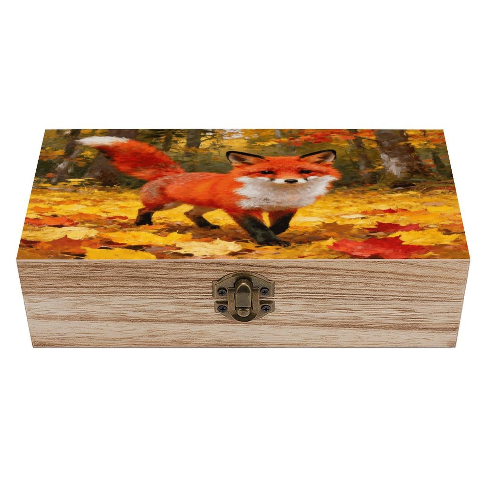 VstaDank Maple Forest Fox Shadow Wooden Storage Box with Hinged Lid Natural Wooden Box Beautifully Keepsake Boxes Vintage Wood Boxes Jewelry Organizer Trinket Storage Chest Unique Gift