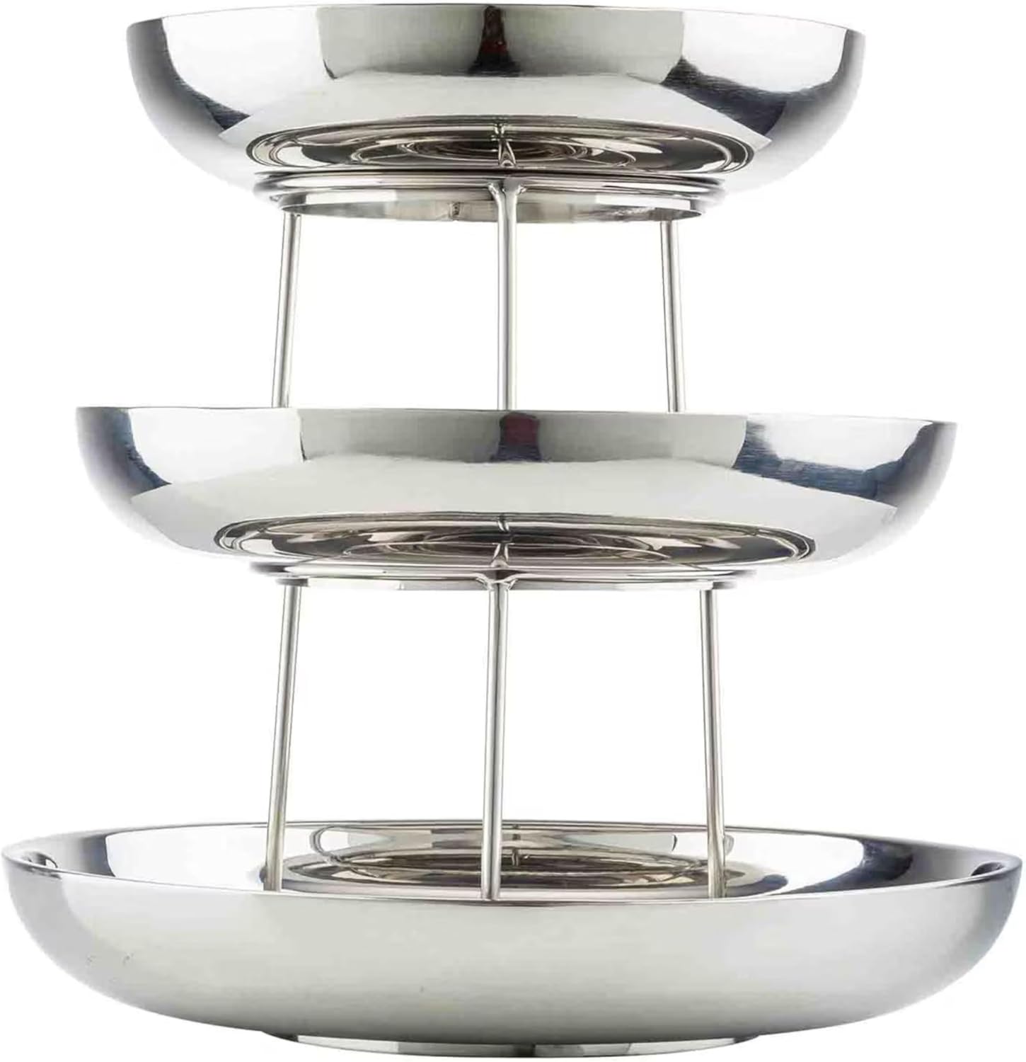 TableCraft 12913 Three-Tiered Seafood Tower, Double-Wall Stainless Steel Display with Polished Mirror Finish, Round 10", 12" & 14" Bowls, Elevated Chilled Presentation, 14" x 14" x 13.75", Silver