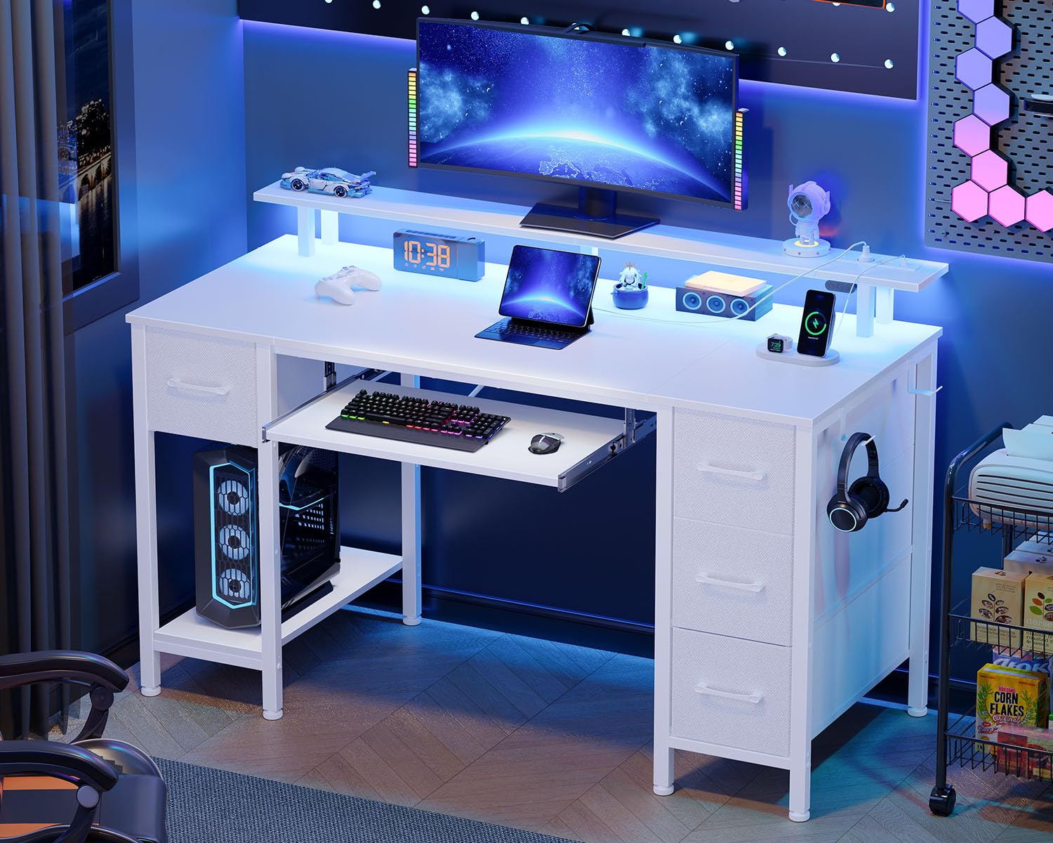 Seventable Bureau Gaming 120 cm avec Intégrée, LED RGB, Bureau avec Rangement et 4 Tiroirs en Tissu, Plateau Clavier Ergonomique et Support Écran, Blanc