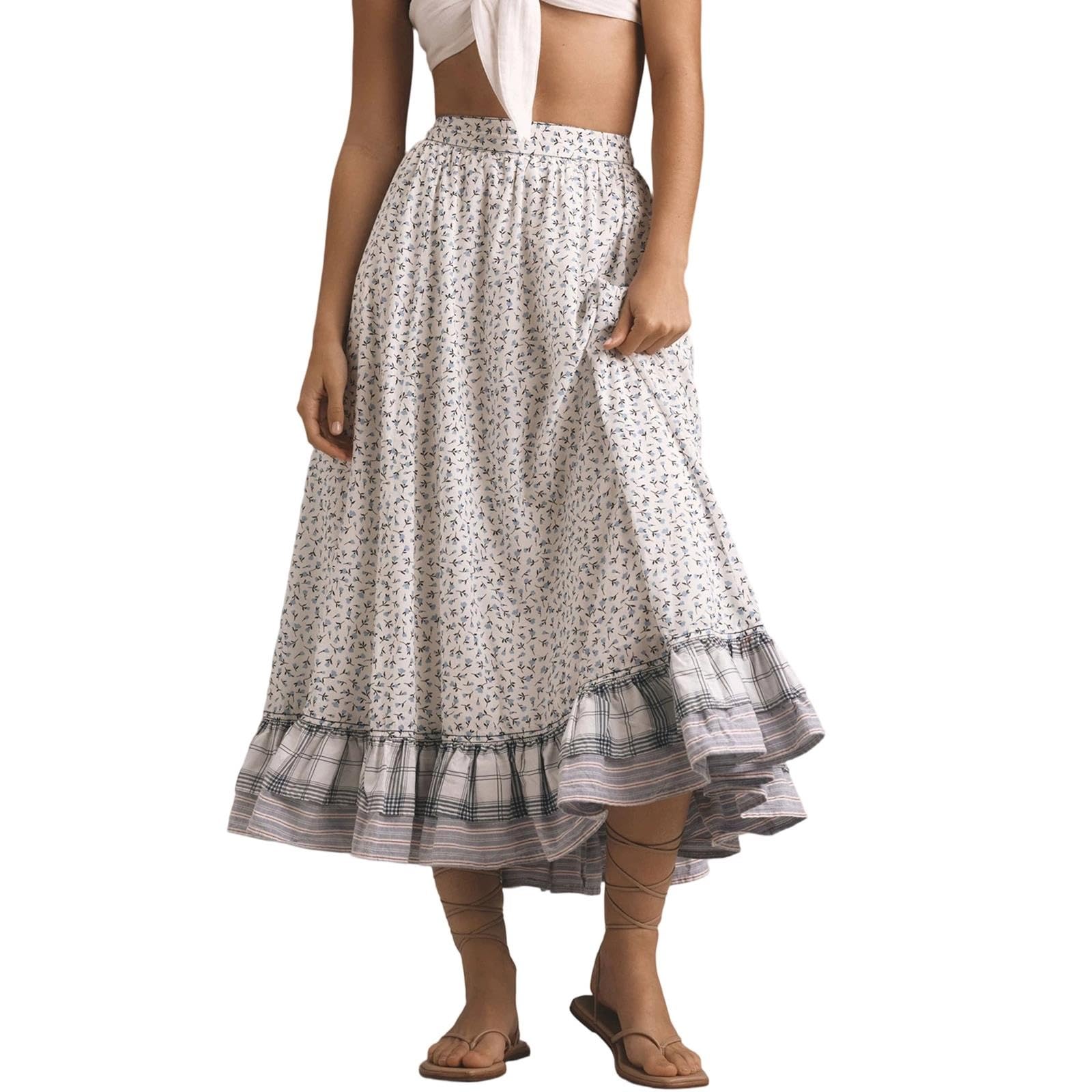 Jupe Décontractée A-line,Jupe Midi Bohème À Fleurs Femme,Motif Écossais