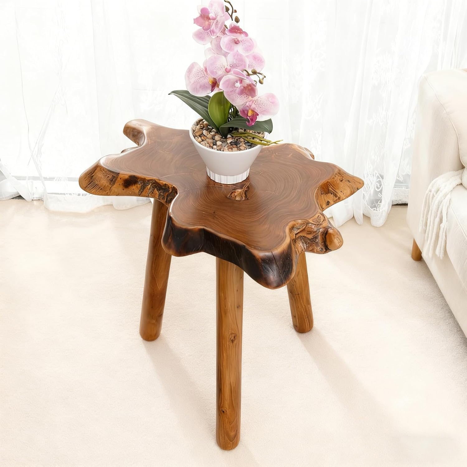 Natural Teak Wood Live Edge Side Table 14.8" x 15.7" x 19.5" with Wood Legs – Rustic Side Table for Living Room, Bedroom – Sturdy Real Teak Wood End Table, Easy to Assemble