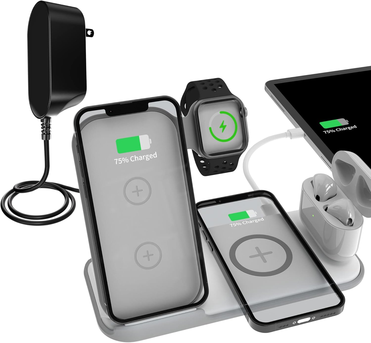 Wireless Charging Station with Adapter, 5 in 1 & 4 in 1 Wireless Charger Stand, Foldable Fast 40W for Two Phones, iWatch, Airpods, iPad - Compatible with iPhone 15/14/13/12/11/XS/Max/Plus/Mini