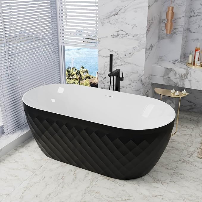 59" Acrylic Freestanding Bathtub，Double Ended Shape lozenge texture Bathtub with Integrated Slotted Overflow, Toe-Tap Chrome Drain, cUPC Certified,Black