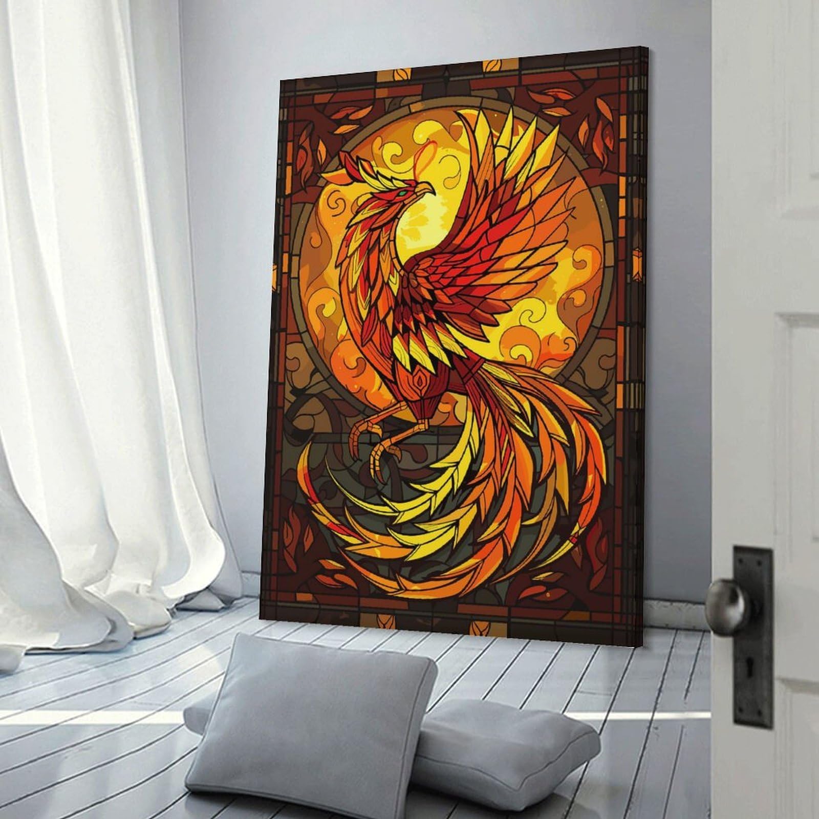 Junmoney Decorative Wall Artwork Phoenix Stained Glass, 20x30inch(50x75cm), for Living Room, Lounge Or Sitting Room, Modern Wall Decor for Cosy Interiors