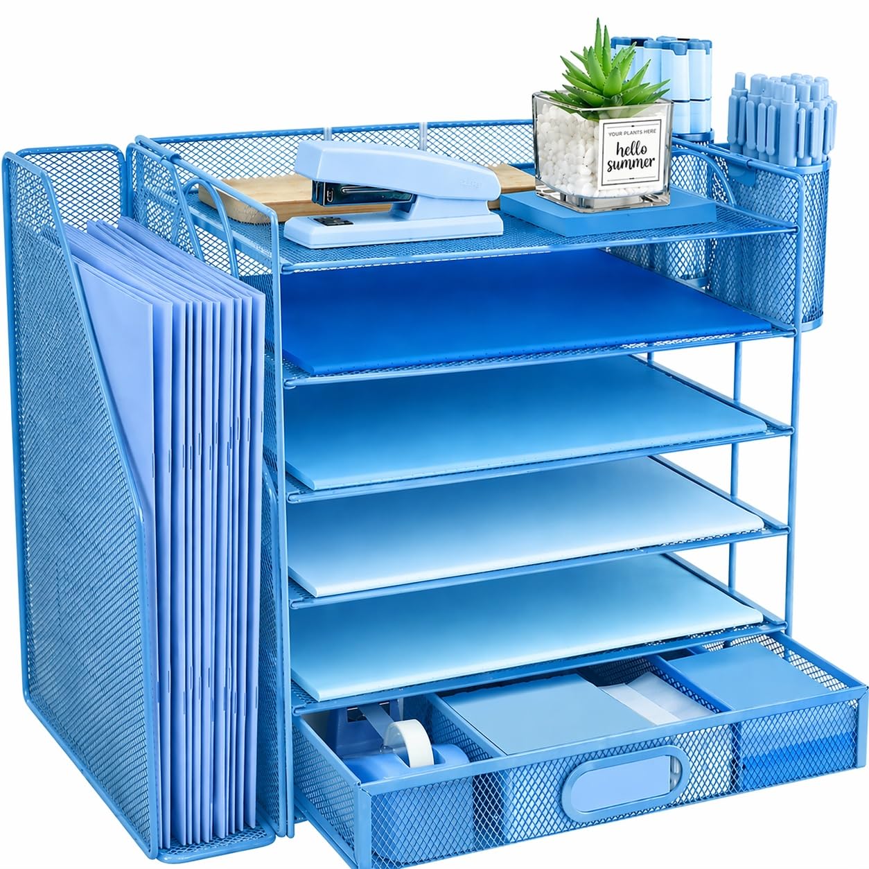 6 Tier Desk File Organiser with Extra Vertical File Sorter, Paper Letter Tray with Top Stationery Drawer Holder, A4 Paper Desktop Filing Trays, Magazine Document Holder for Home Office, Sky Blue