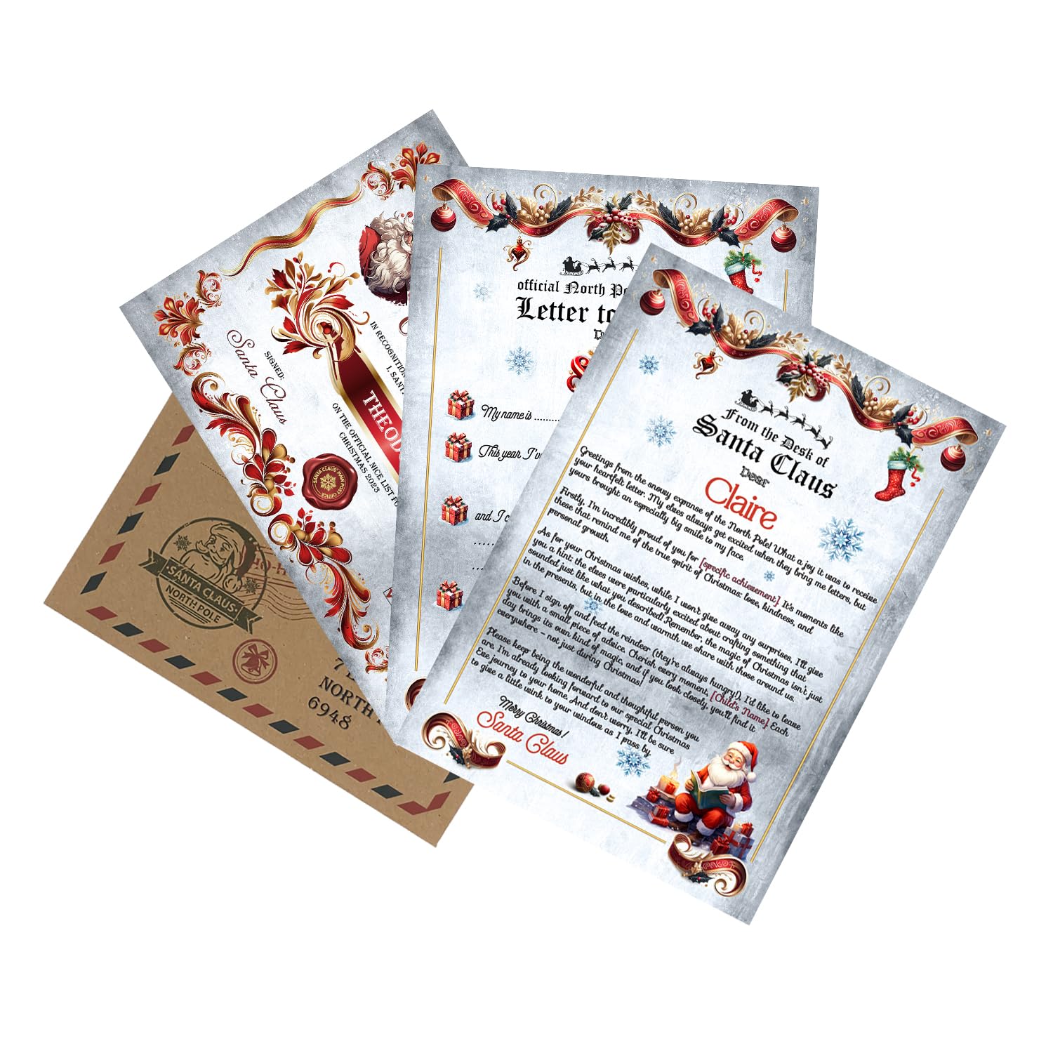 SIMPLEWILD Personalised Santa Letter Pack - Christmas Santa Letter Set with Letter from Santa, Letter to Santa, Nice List Certificate - Perfect Eve Box Filler